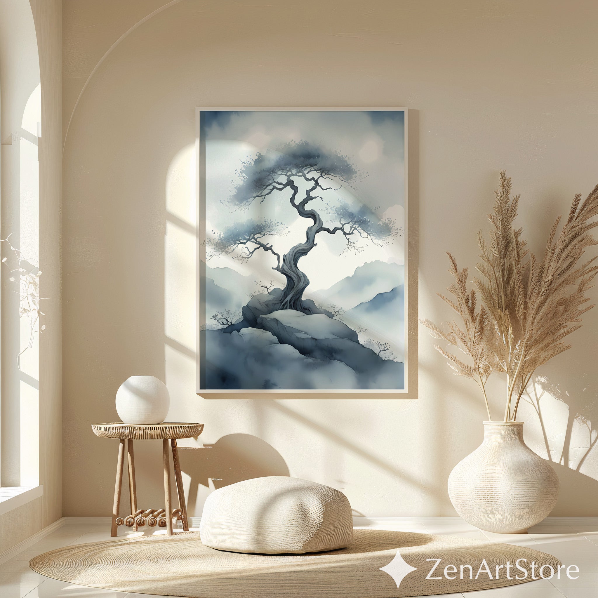Misty Bonsai Tree Wall Art – Minimal Zen Landscape Print, Japandi Neutral Canvas or Printable for Living Room