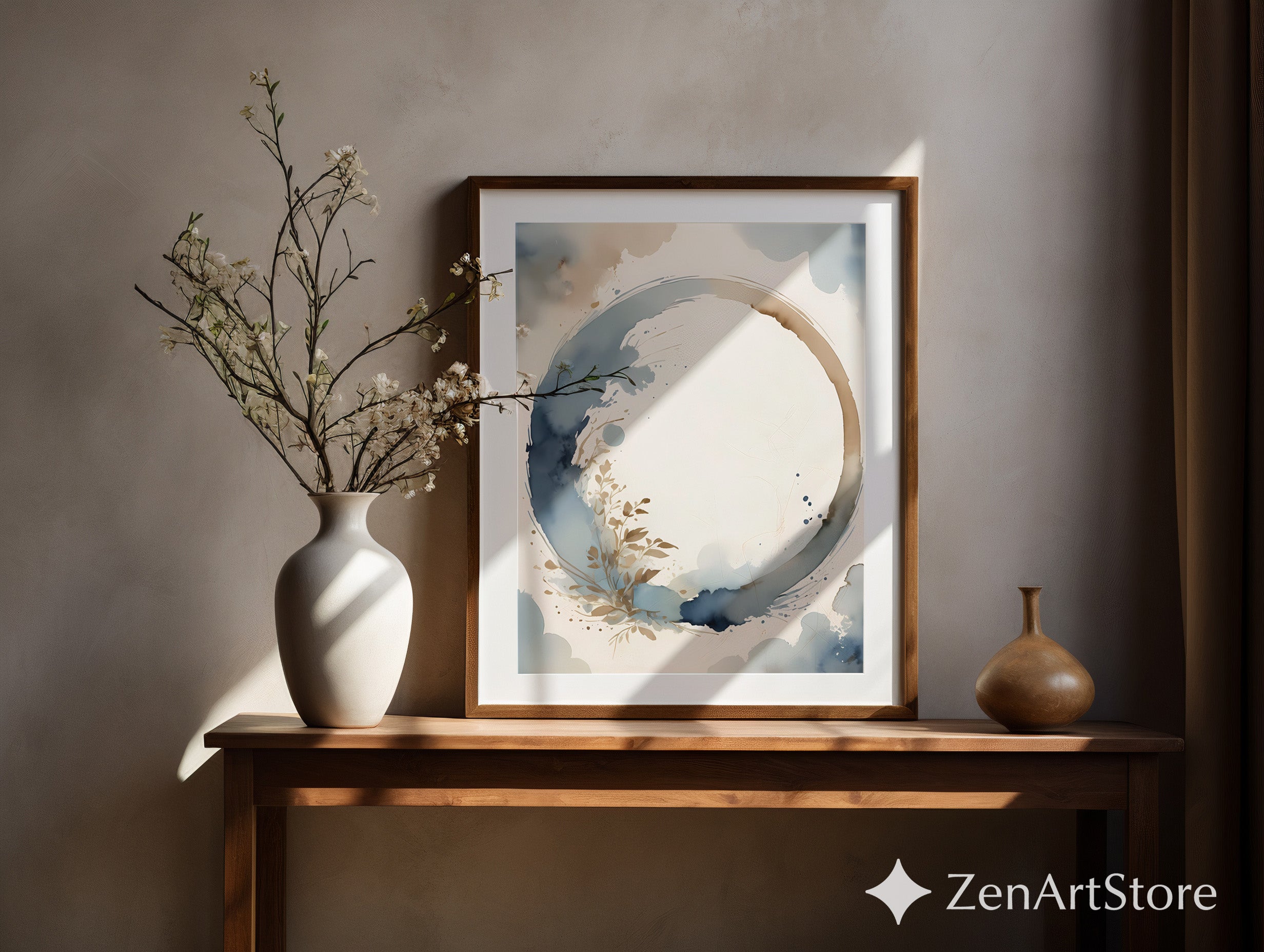 Neutral Abstract Circle Watercolor Print - Zen Enso Botanical Wall Art in Blue & Beige - Minimal Japandi Wabi Sabi Home Decor