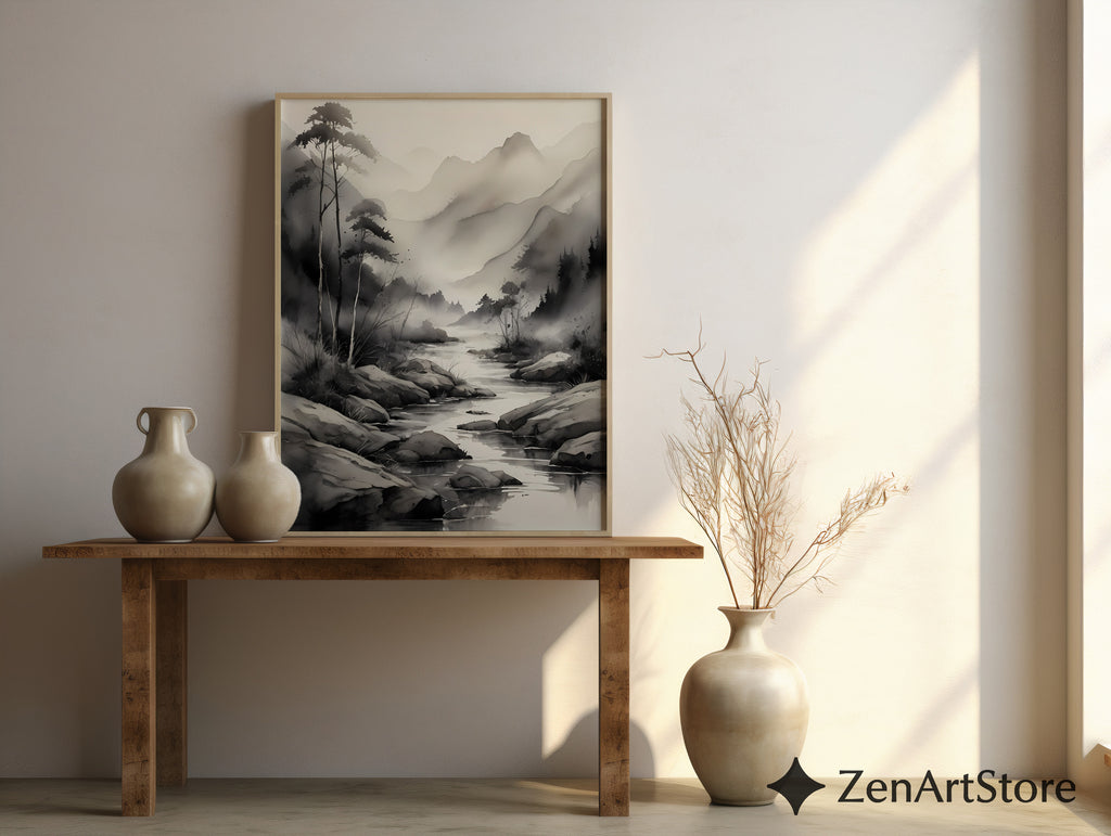 Ink-Wash Mountain River Print - Zen Minimal Monochrome Landscape Wall Art for Japandi, Scandinavian & Wabi-Sabi Decor