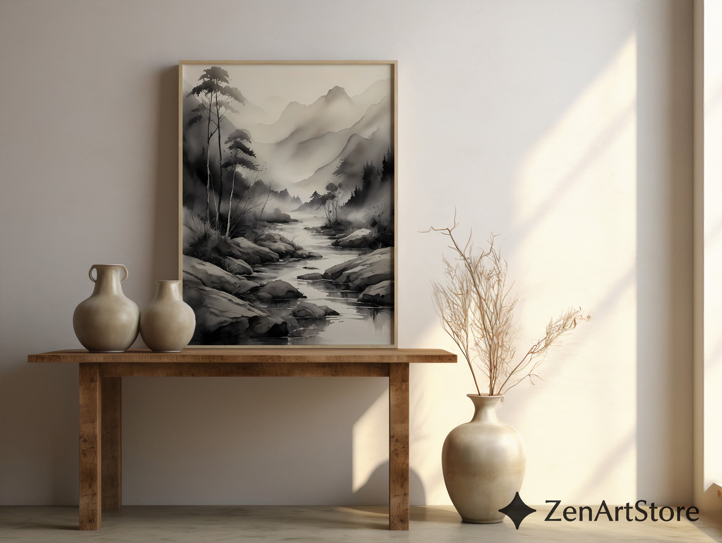 Ink-Wash Mountain River Print - Zen Minimal Monochrome Landscape Wall Art for Japandi, Scandinavian & Wabi-Sabi Decor