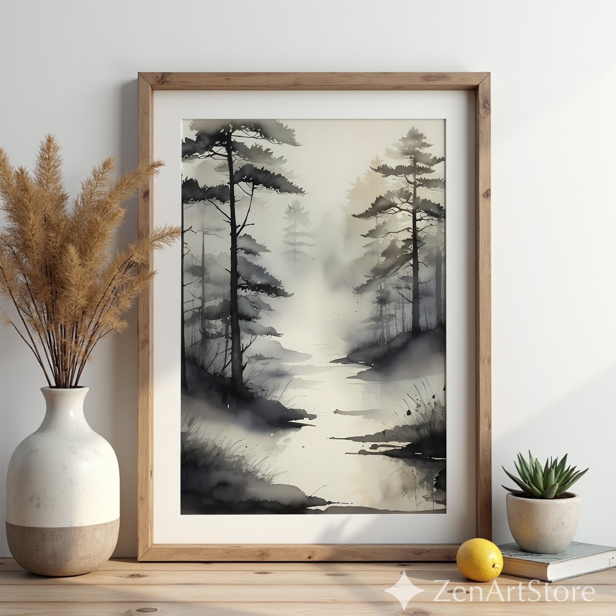 Misty Pine Forest Watercolor Print - Minimal Zen Landscape Wall Art - Neutral Black & Beige Japandi Home Decor