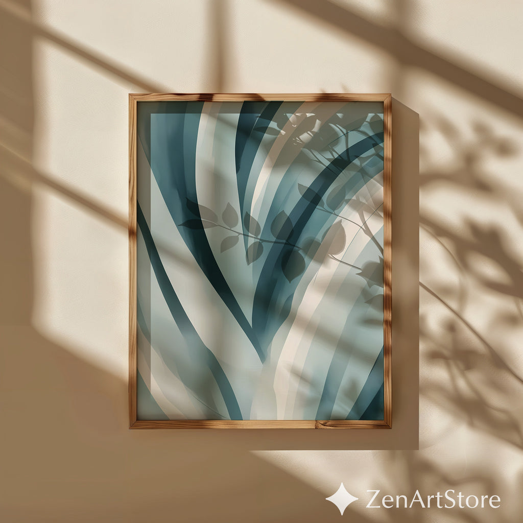 Teal Abstract Botanical Wall Art - Minimal Japandi Blue Green Print for Calm Modern Home Decor