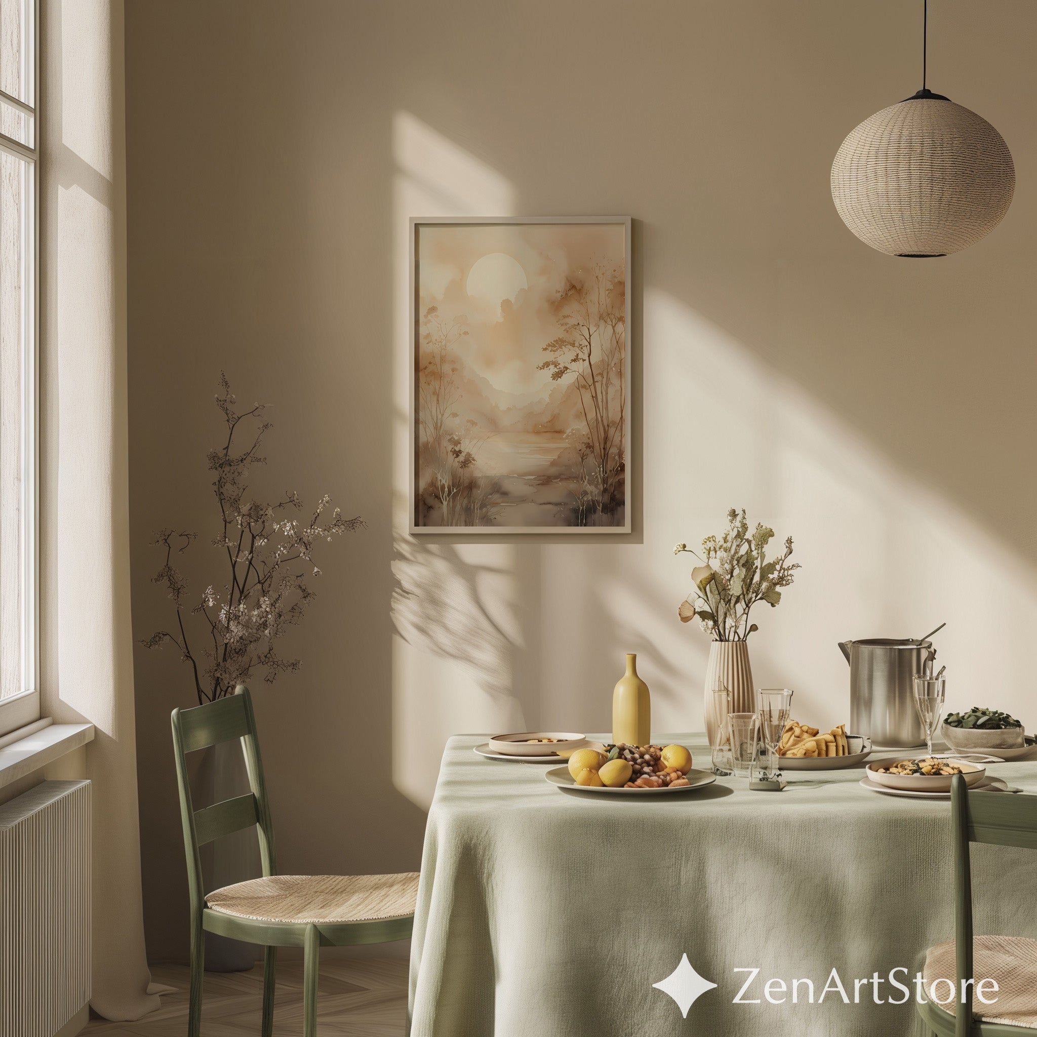 Serene Sepia Sunrise Watercolor Landscape Print - Minimal Neutral Wall Art for Living Room, Bedroom, Japandi Decor