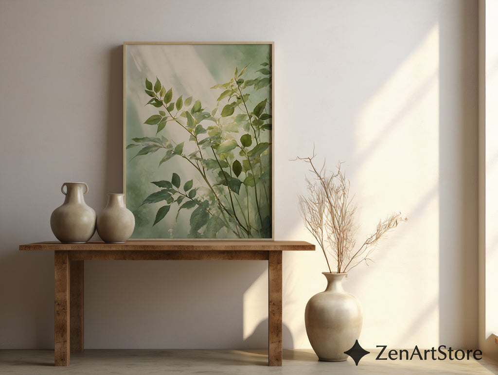 Serene Green Botanical Art Print - Minimal Leaf Wall Art, Japandi Wabi Sabi Neutral Home Decor
