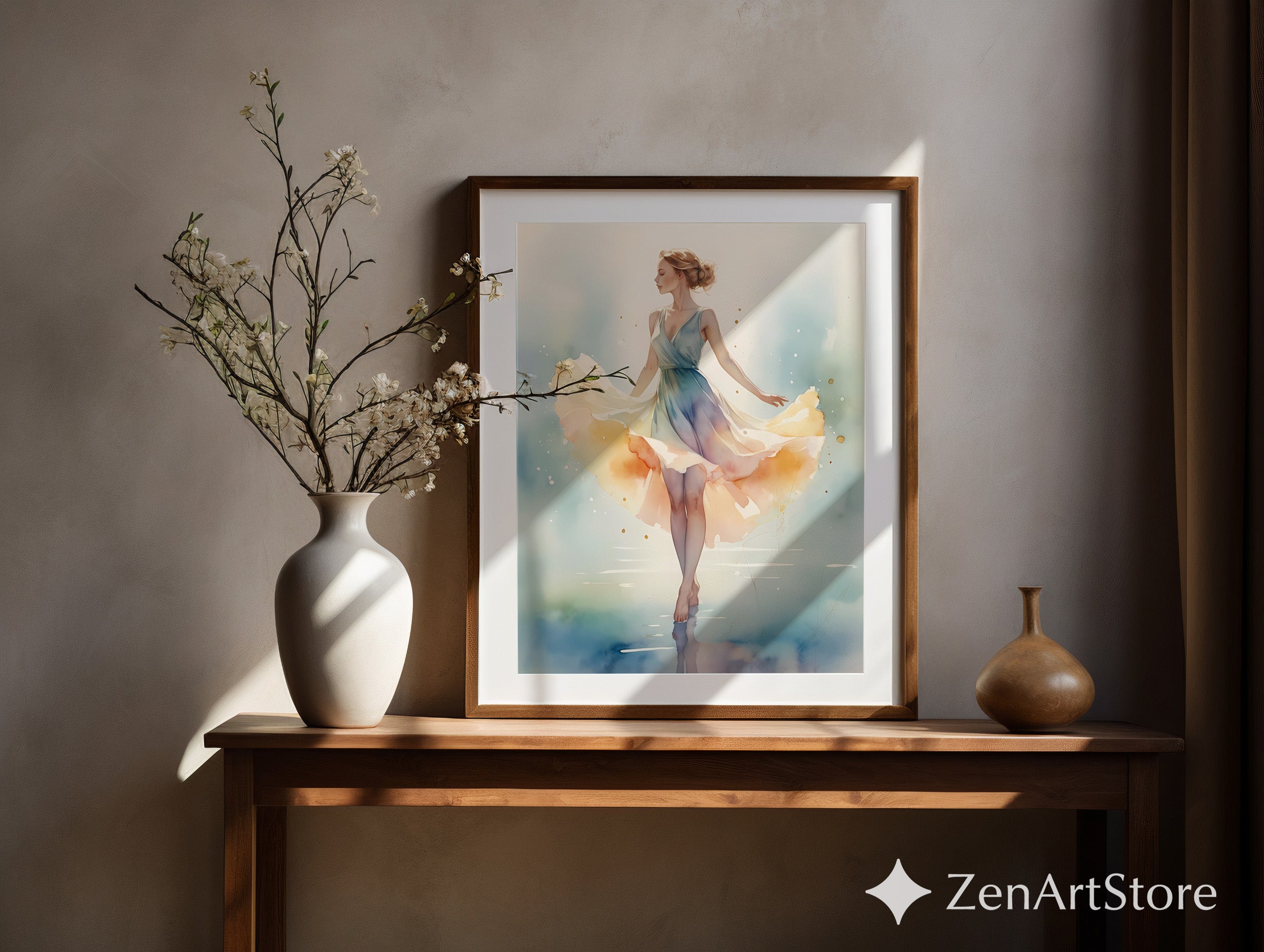 Ethereal Watercolor Ballerina Print - Pastel Dance Wall Art for Bedroom Living Room Nursery - Minimal Japandi Scandinavian Decor
