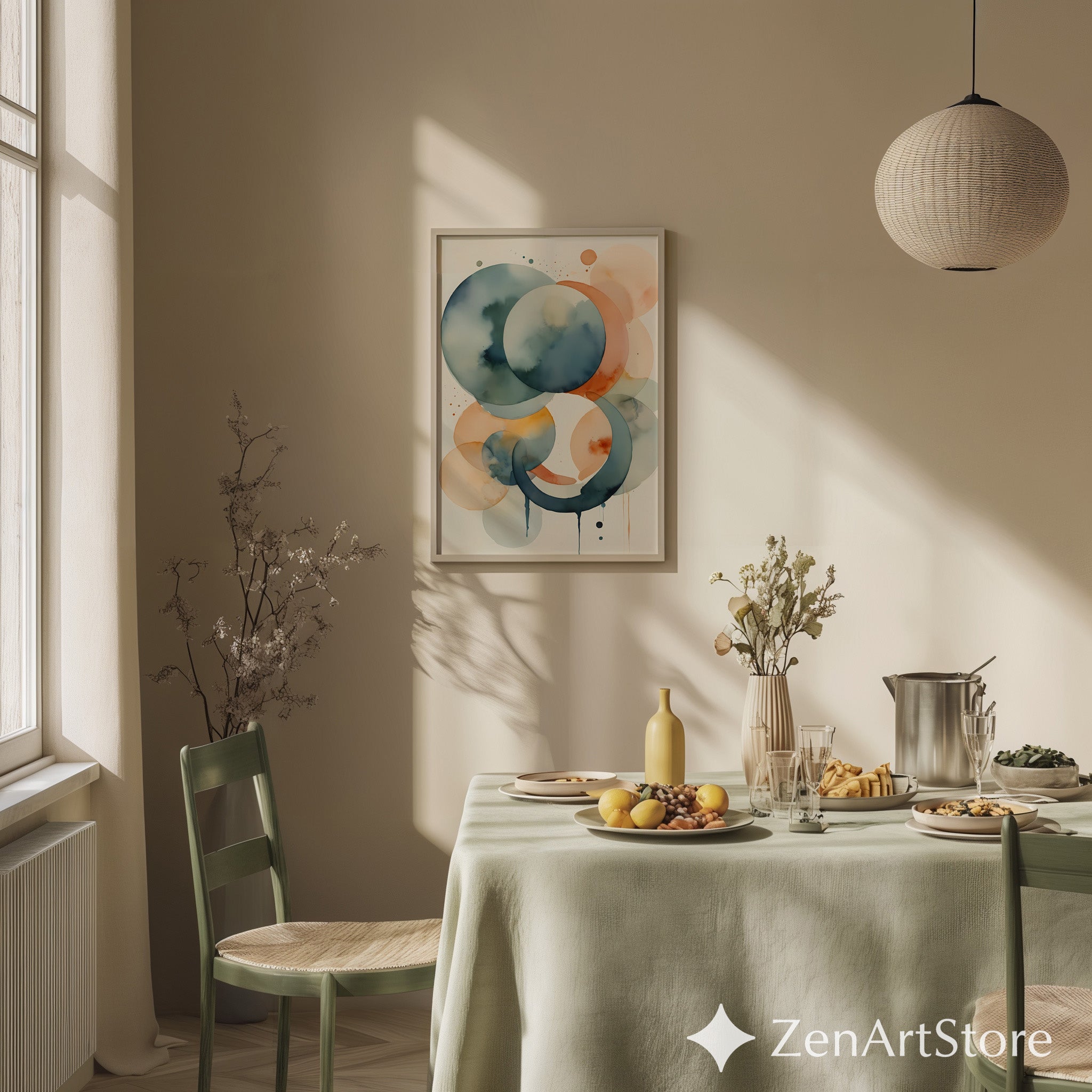 Abstract Watercolor Circles Wall Art - Minimal Zen Neutral Print for Japandi & Scandinavian Home Decor, Blue Peach Beige Modern Art