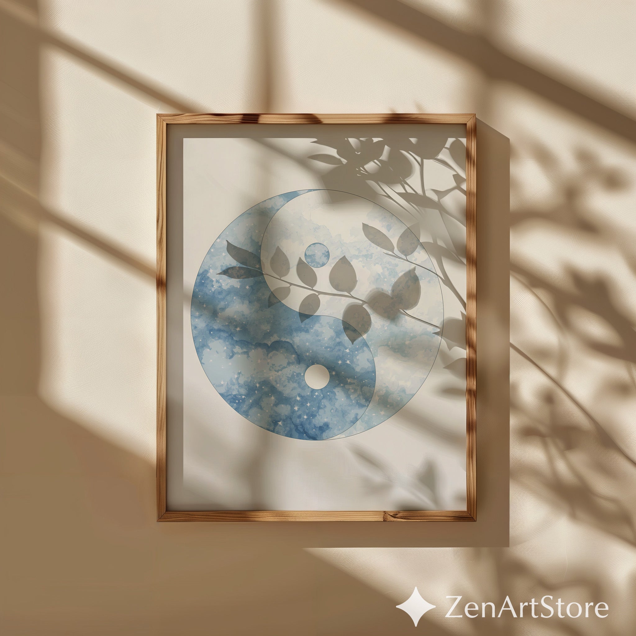 Blue Yin Yang Watercolor Print – Minimal Celestial Wall Art, Zen Japandi Neutral Home Decor