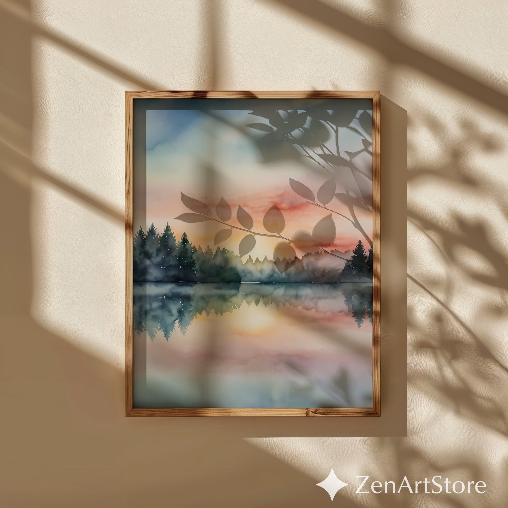 Serene Forest Lake Watercolor Sunset Print - Pastel Landscape Wall Art for Living Room & Bedroom, Japandi Minimal Decor