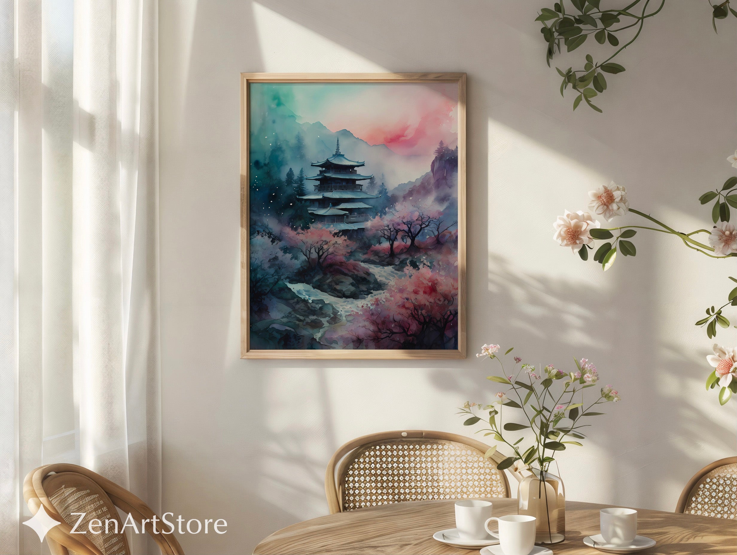 Serene Japanese Pagoda Print with Cherry Blossoms - Watercolor Zen Landscape Wall Art for Home