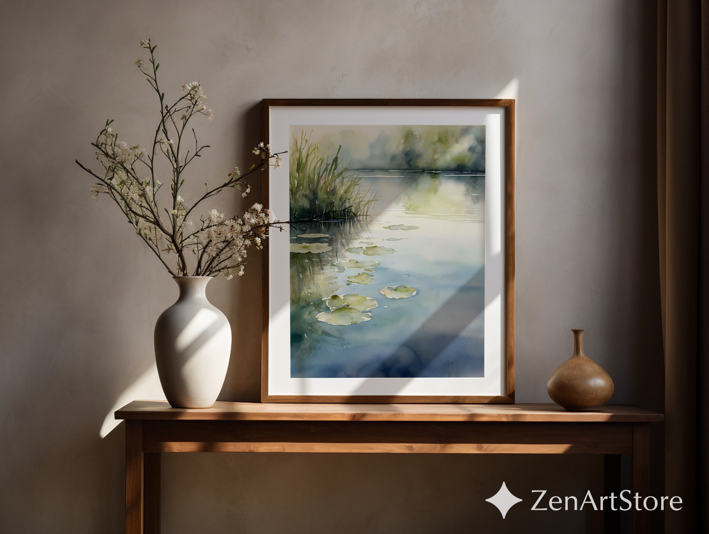 Serene Watercolor Pond Print - Waterlily & Reeds Botanical Wall Art for Living Room, Bedroom, Japandi Minimal Home Decor