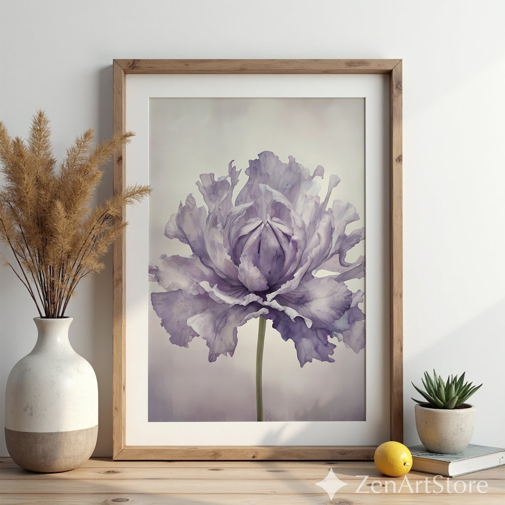 Lavender Peony Botanical Wall Art Print - Minimal Floral Fine Art for Scandinavian Japandi Wabi Sabi Home Decor