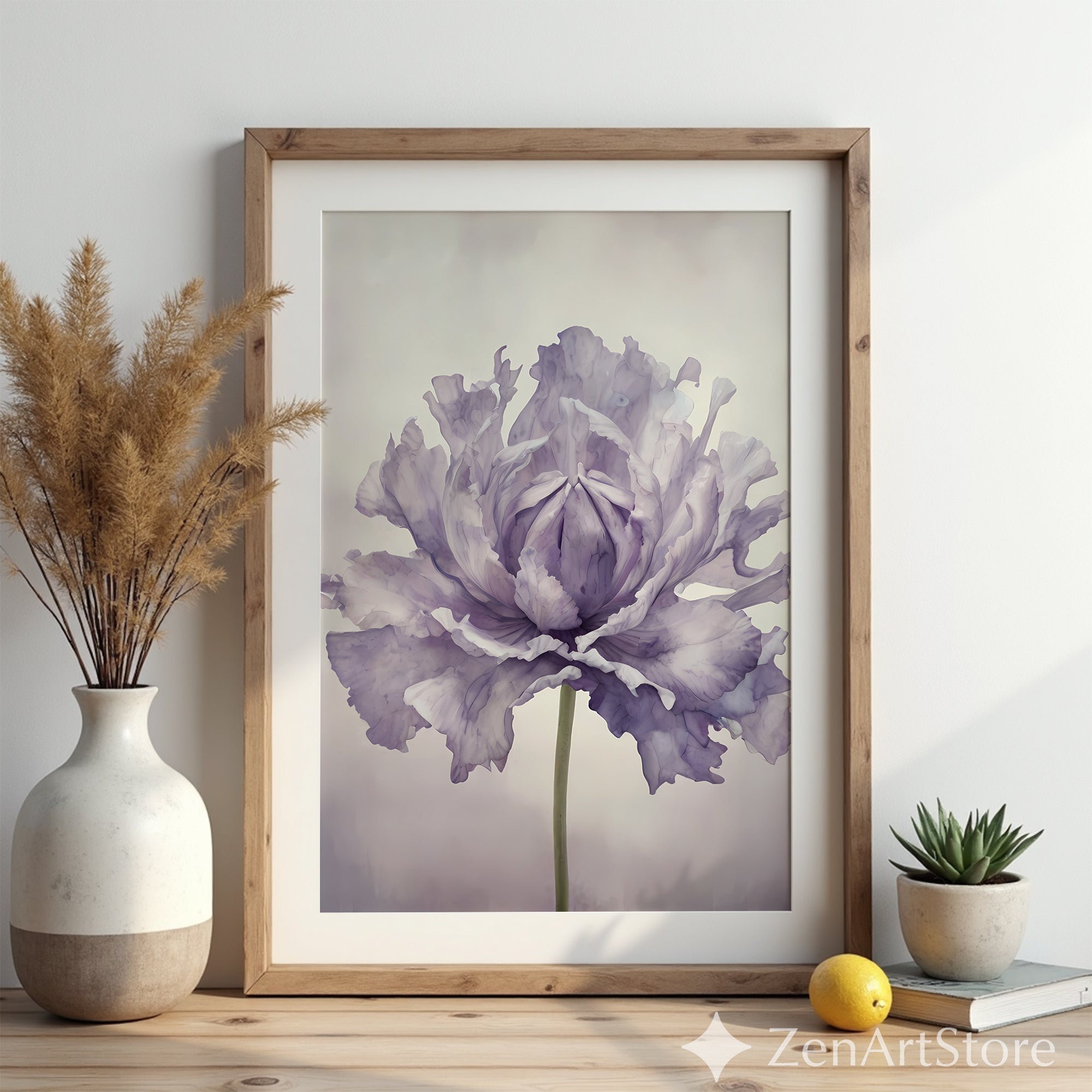 Lavender Peony Botanical Wall Art Print - Minimal Floral Fine Art for Scandinavian Japandi Wabi Sabi Home Decor