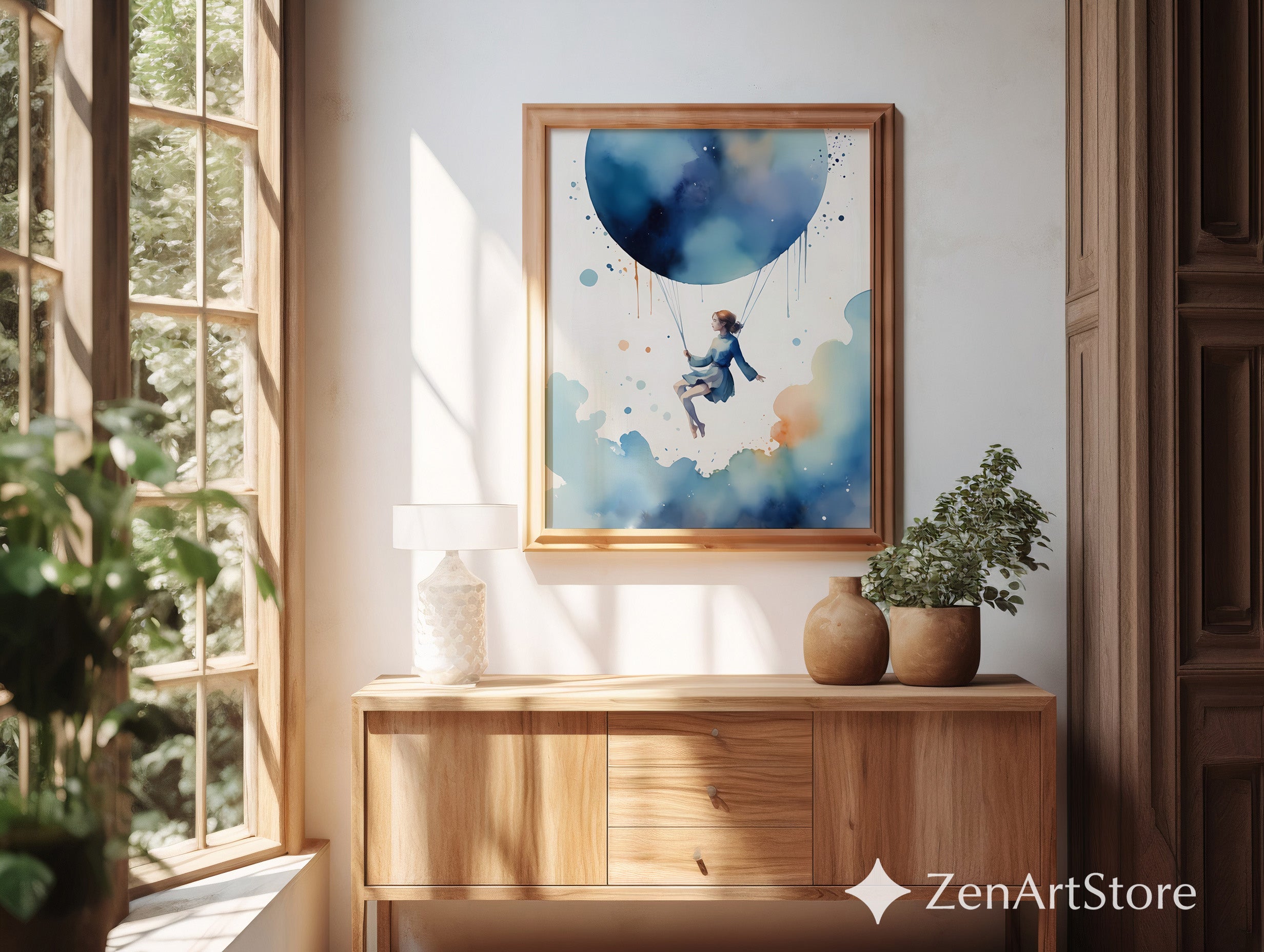 Dreamy Blue Balloon Girl Watercolor Print - Whimsical Minimal Wall Art for Nursery, Bedroom & Living Room