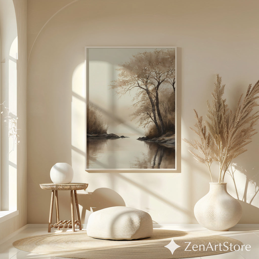 Serene Sepia Lake Landscape Print – Minimal Japandi Wabi Sabi Wall Art, Neutral Brown Beige Canvas or Digital Download