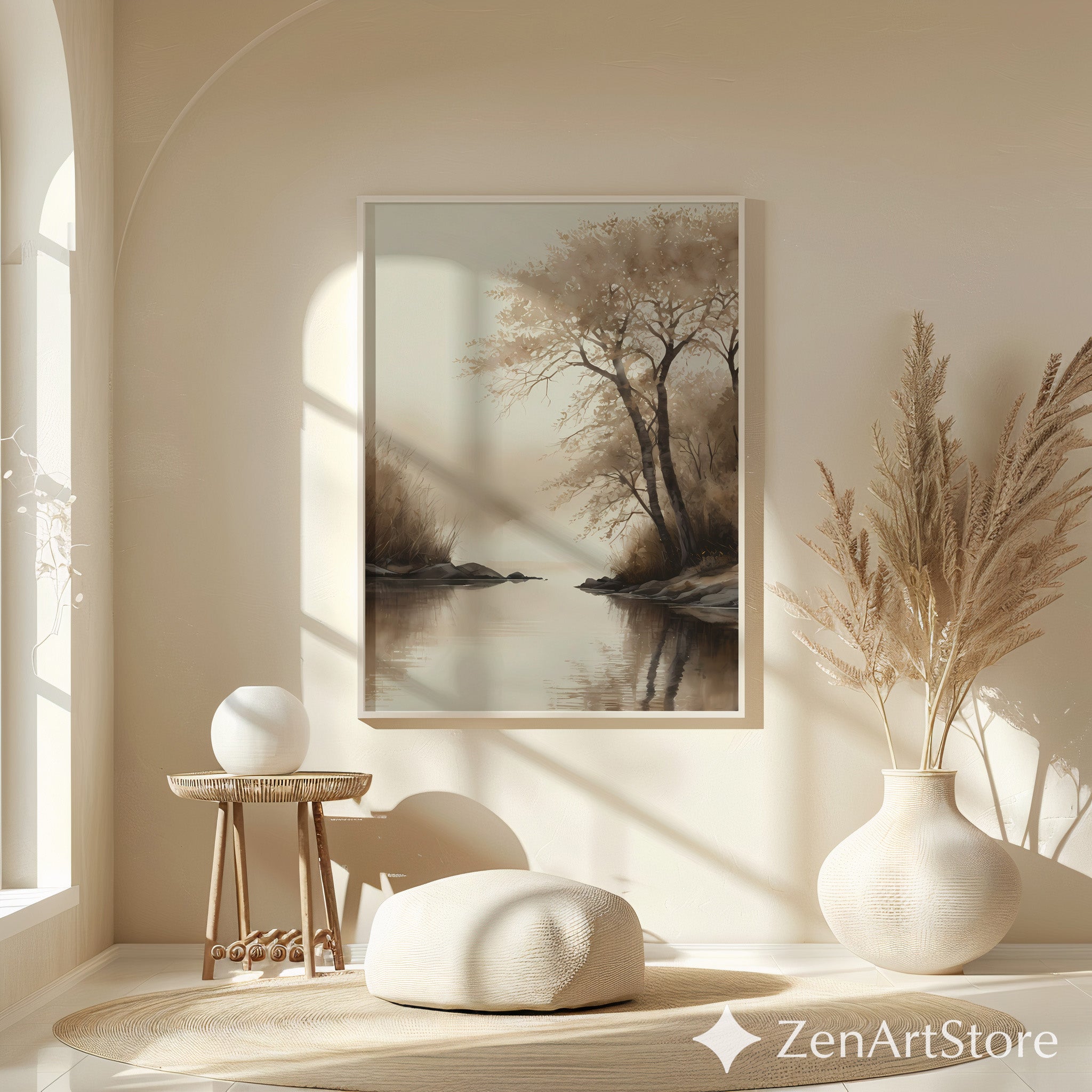 Serene Sepia Lake Landscape Print – Minimal Japandi Wabi Sabi Wall Art, Neutral Brown Beige Canvas or Digital Download
