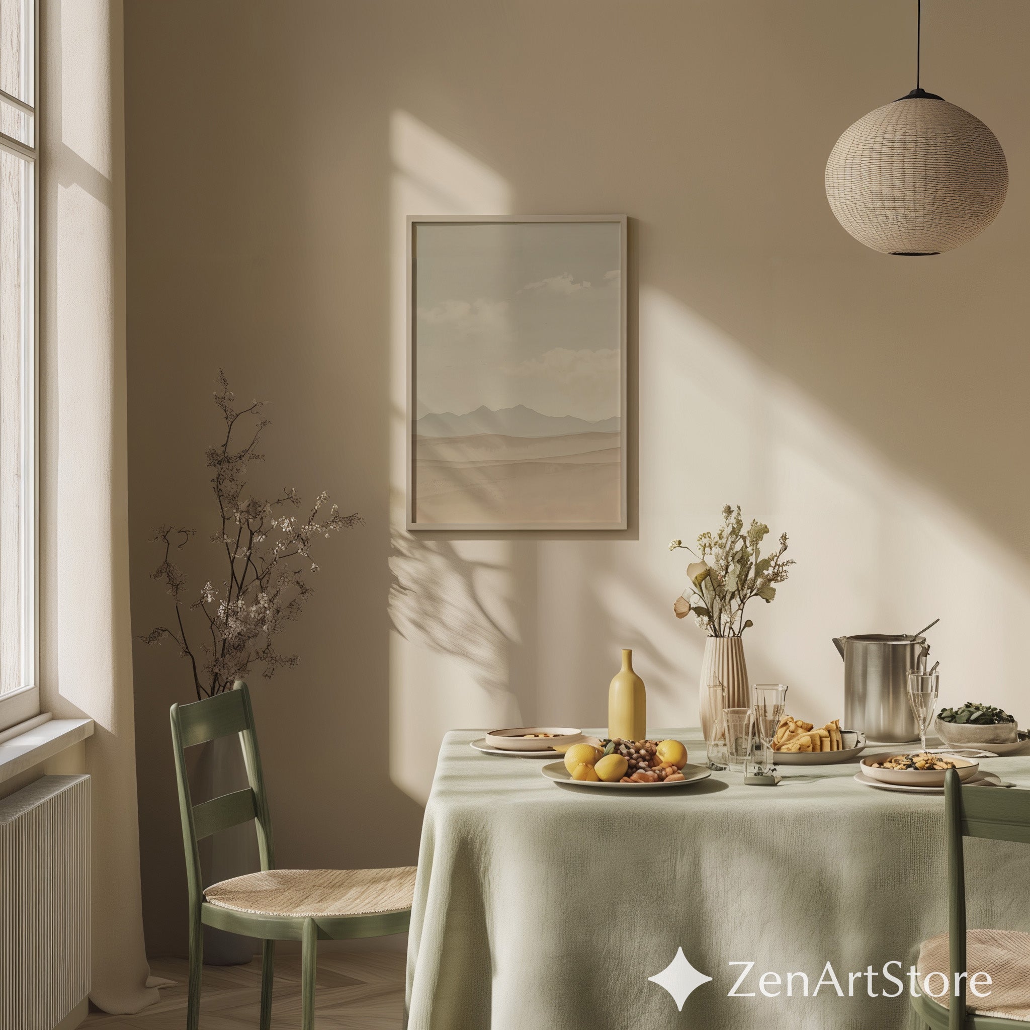 Neutral Desert Landscape Wall Art - Minimal Beige Mountain Print, Japandi Scandi Boho Home Decor