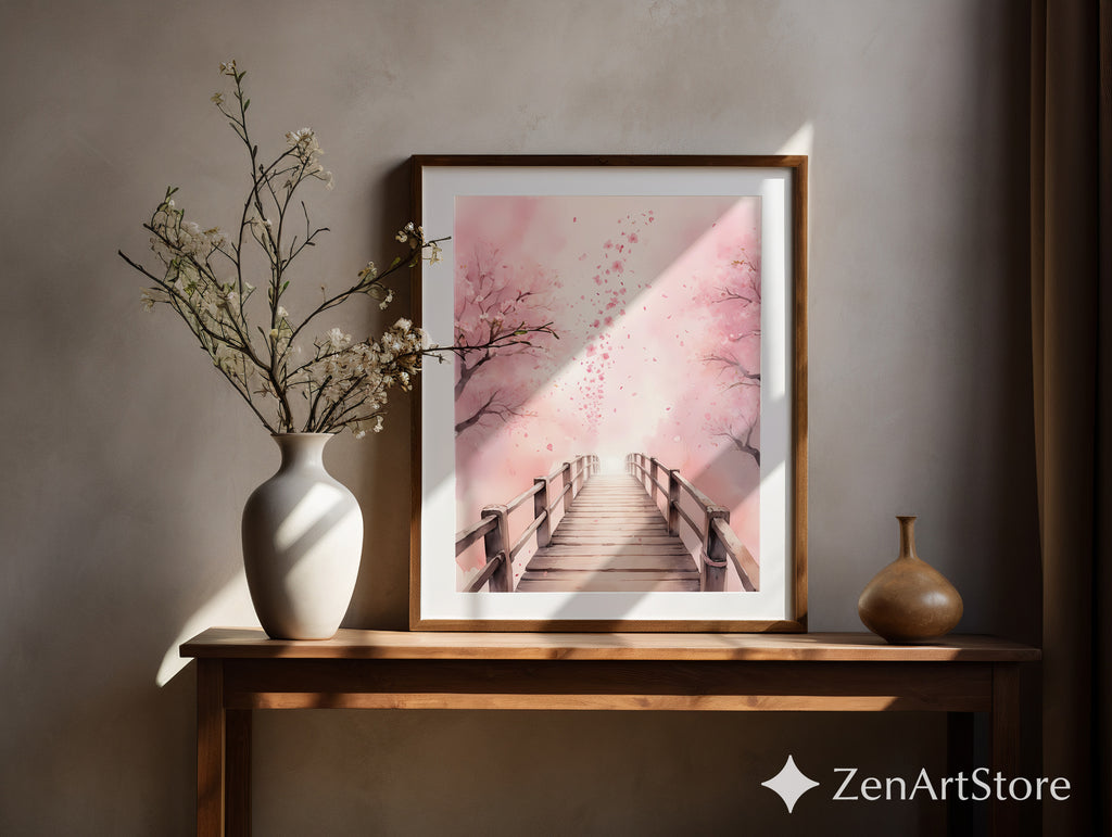 Cherry Blossom Bridge Wall Art - Pink Sakura Canvas Print & Printable, Japandi Minimalist Home Decor