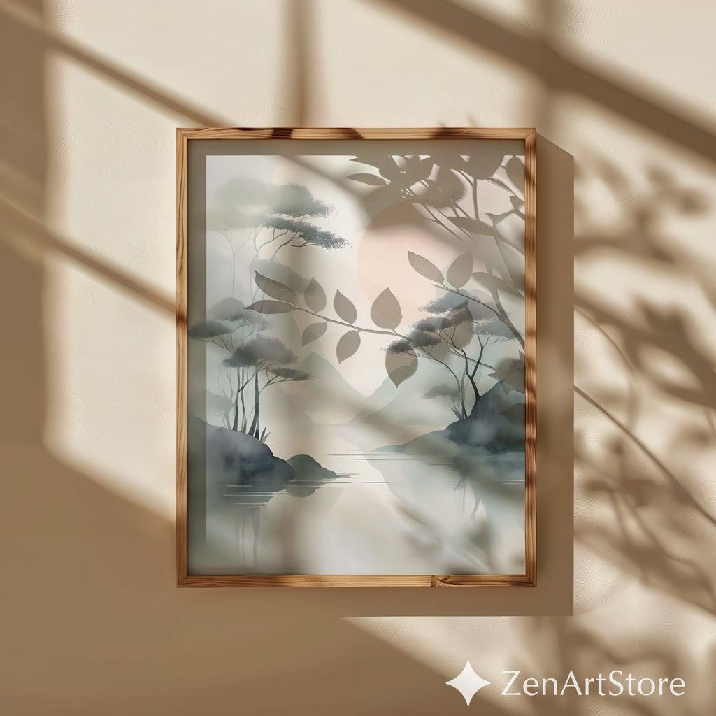 Misty Zen Landscape Print - Minimal Japandi Wall Art with Blush Sun and Tree Reflections - Wabi Sabi Neutral Home Decor