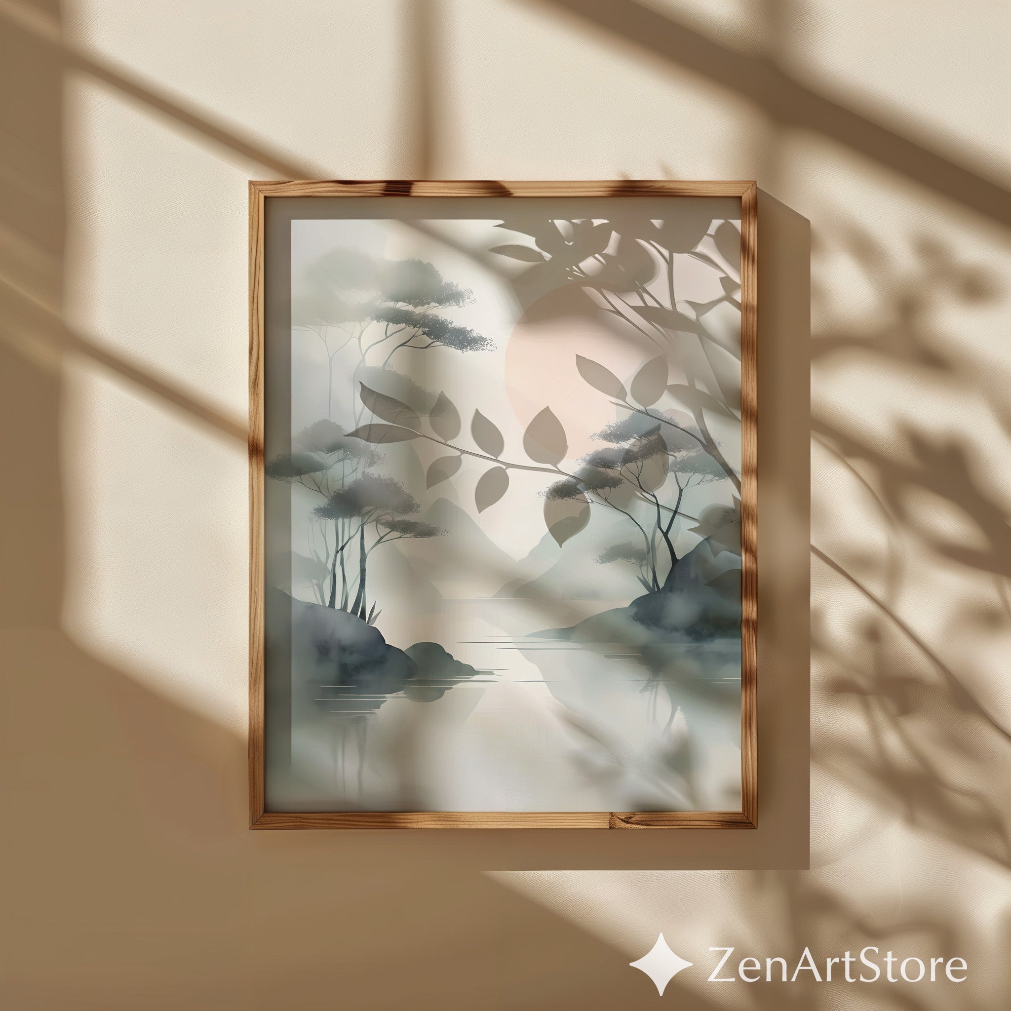 Misty Zen Landscape Print - Minimal Japandi Wall Art with Blush Sun and Tree Reflections - Wabi Sabi Neutral Home Decor