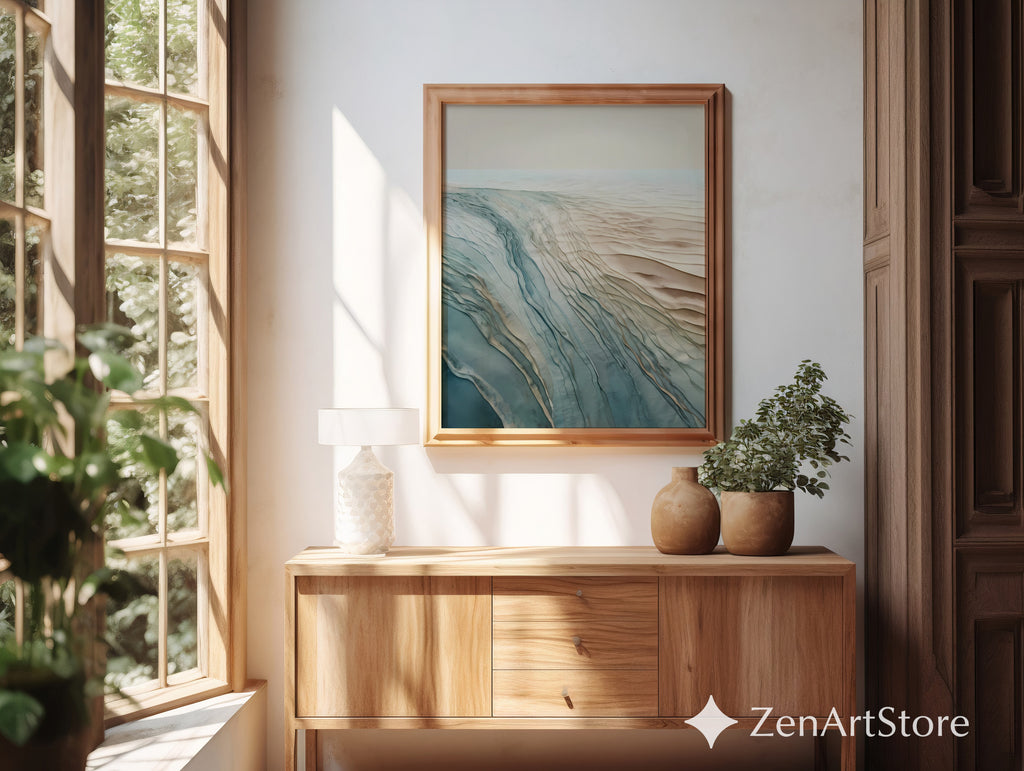 Abstract Coastal Landscape Wall Art - Neutral Blue Beige Minimal Print for Living Room, Japandi Wabi Sabi Decor