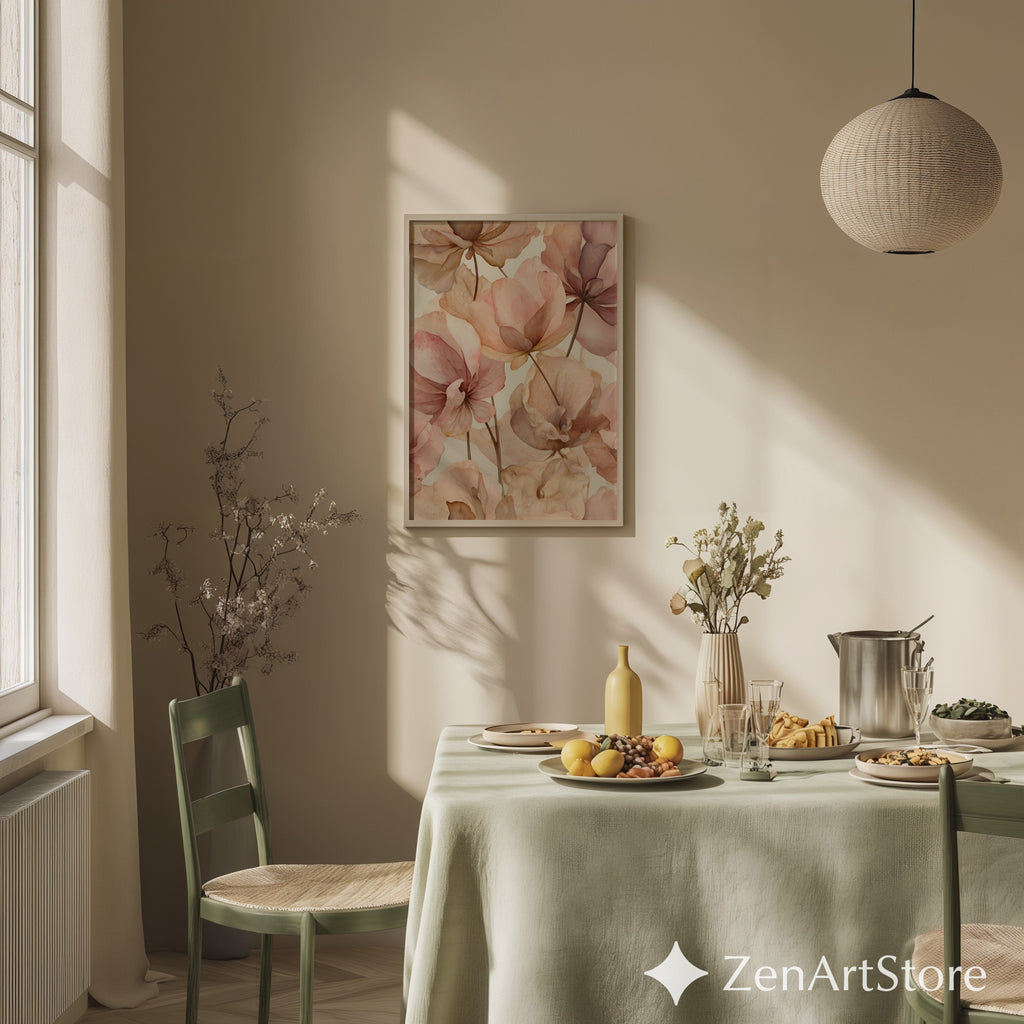 Blush Floral Wall Art Print - Soft Pink Beige Botanical Canvas for Neutral Japandi, Minimal Home Decor