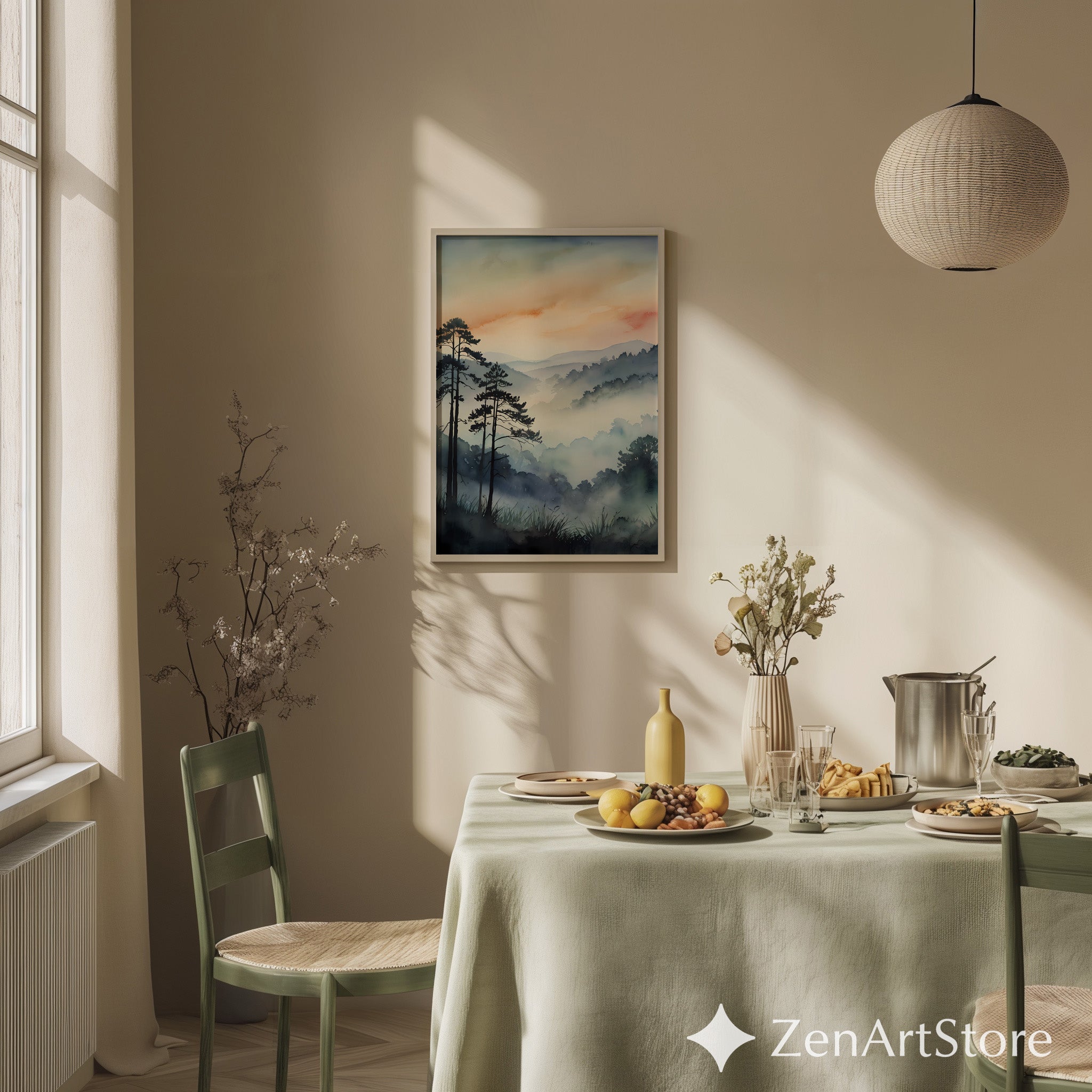 Misty Mountain Sunrise Watercolor Print | Zen Japandi Wall Art, Minimal Tree Silhouette Landscape, Neutral Home Decor Printable