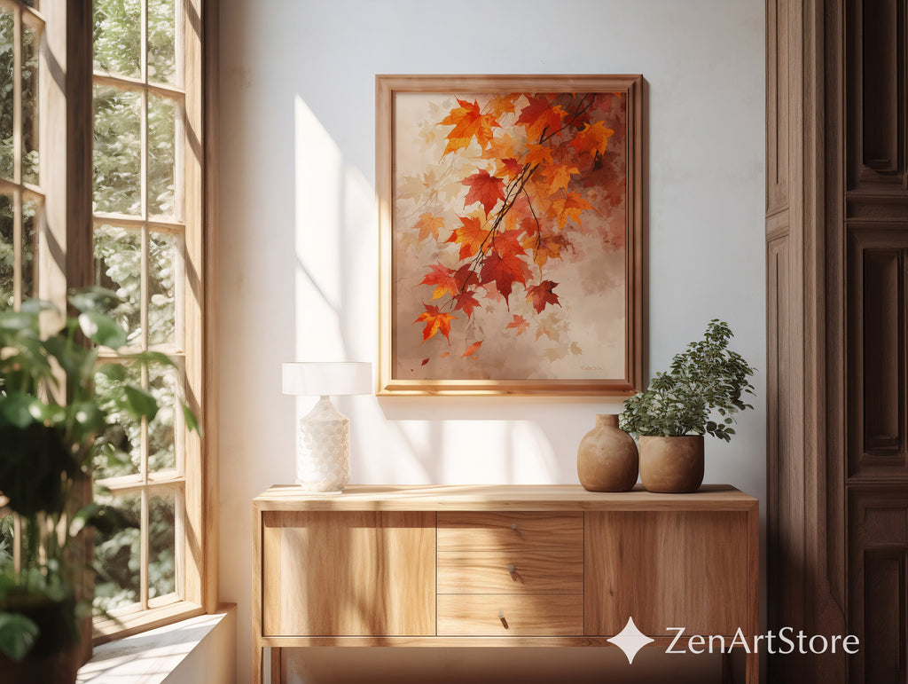 Autumn Maple Leaves Wall Art - Neutral Fall Print, Orange Brown Botanical Decor, Printable & Canvas