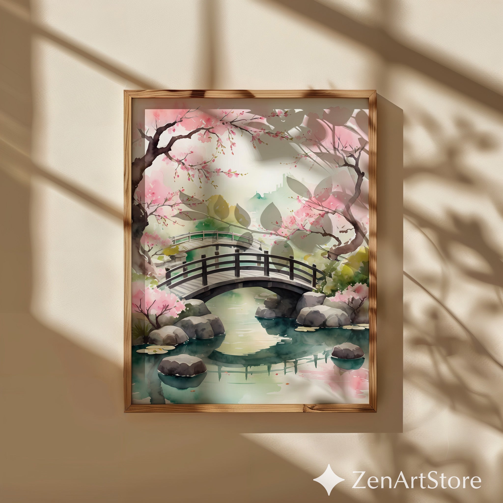 Cherry Blossom Bridge Watercolor Print - Japanese Garden Wall Art, Zen Japandi Minimalist Home Decor