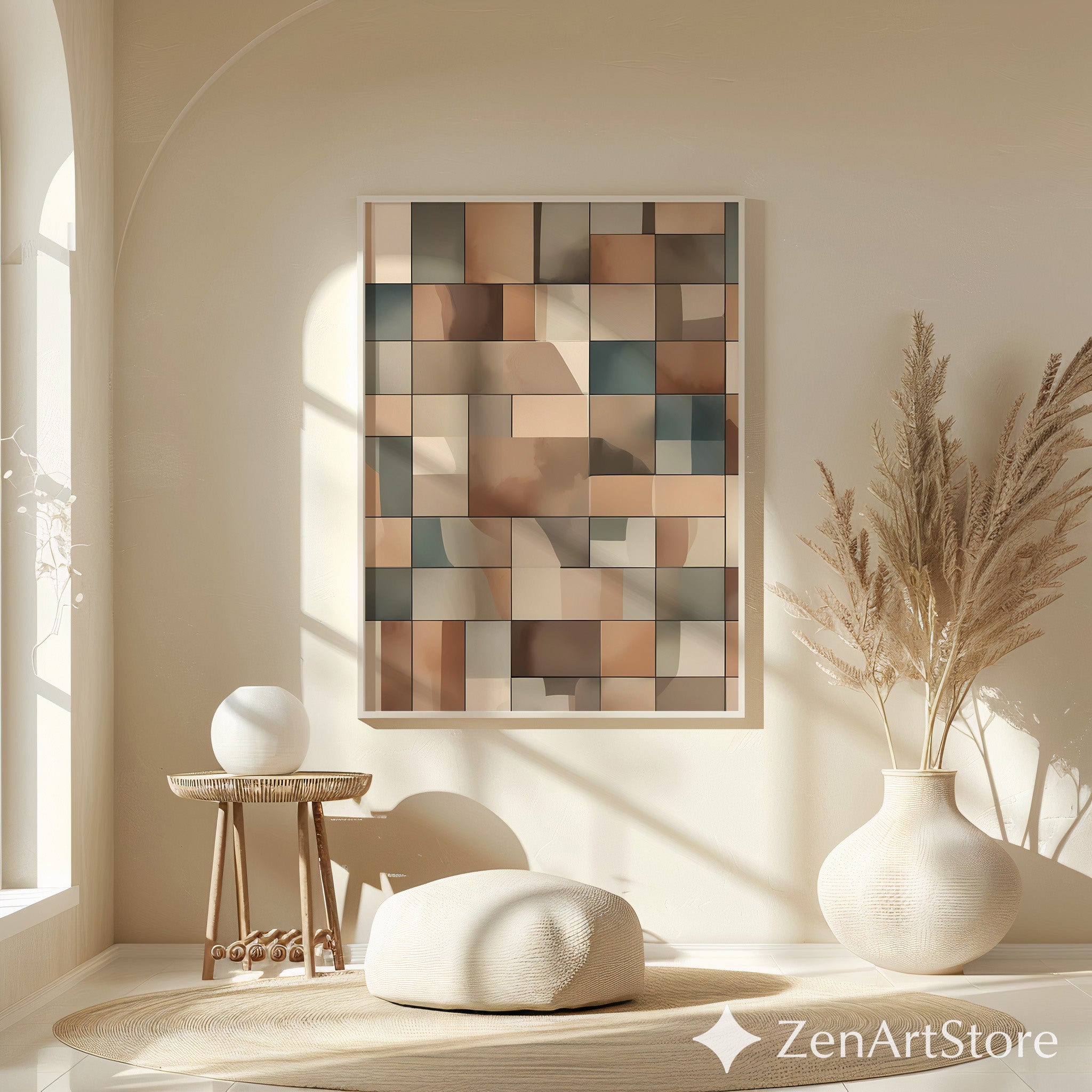 Neutral Geometric Wall Art Beige Brown Abstract Tiles Modern Minimalist Home Decor