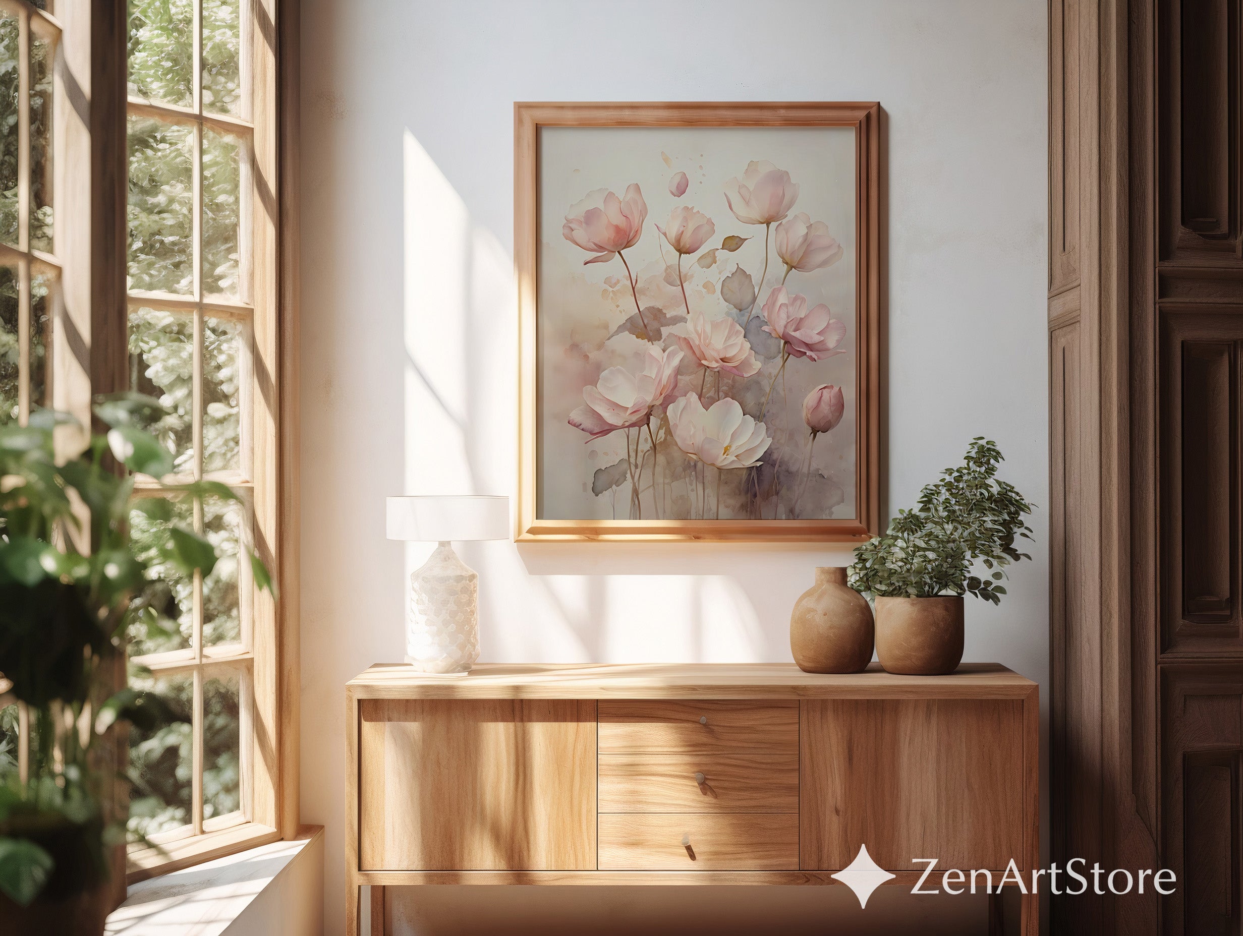 Blush Pink Floral Wall Art Print - Soft Watercolor Flowers Neutral Botanical Decor for Bedroom Living Room, Modern Japandi Minimal