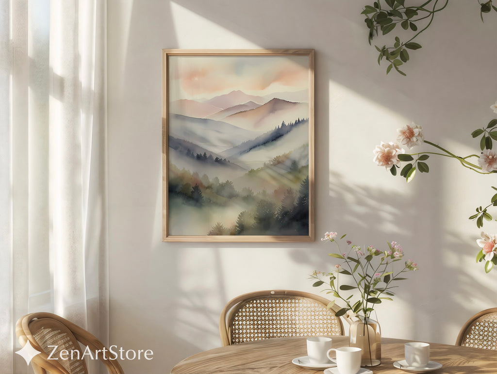 Misty Mountain Watercolor Print – Neutral Minimal Landscape Wall Art for Japandi, Scandinavian & Boho Homes