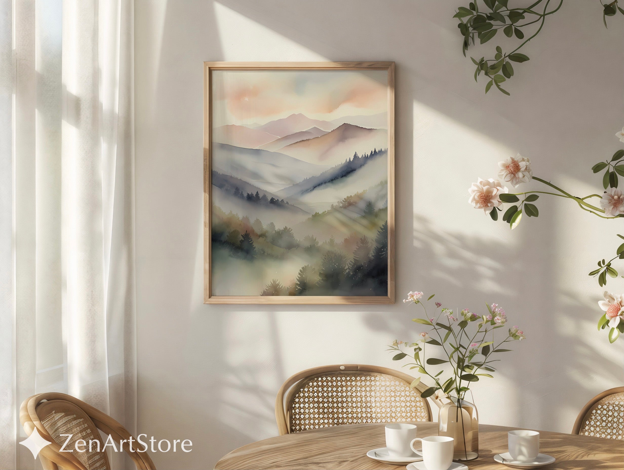 Misty Mountain Watercolor Print – Neutral Minimal Landscape Wall Art for Japandi, Scandinavian & Boho Homes