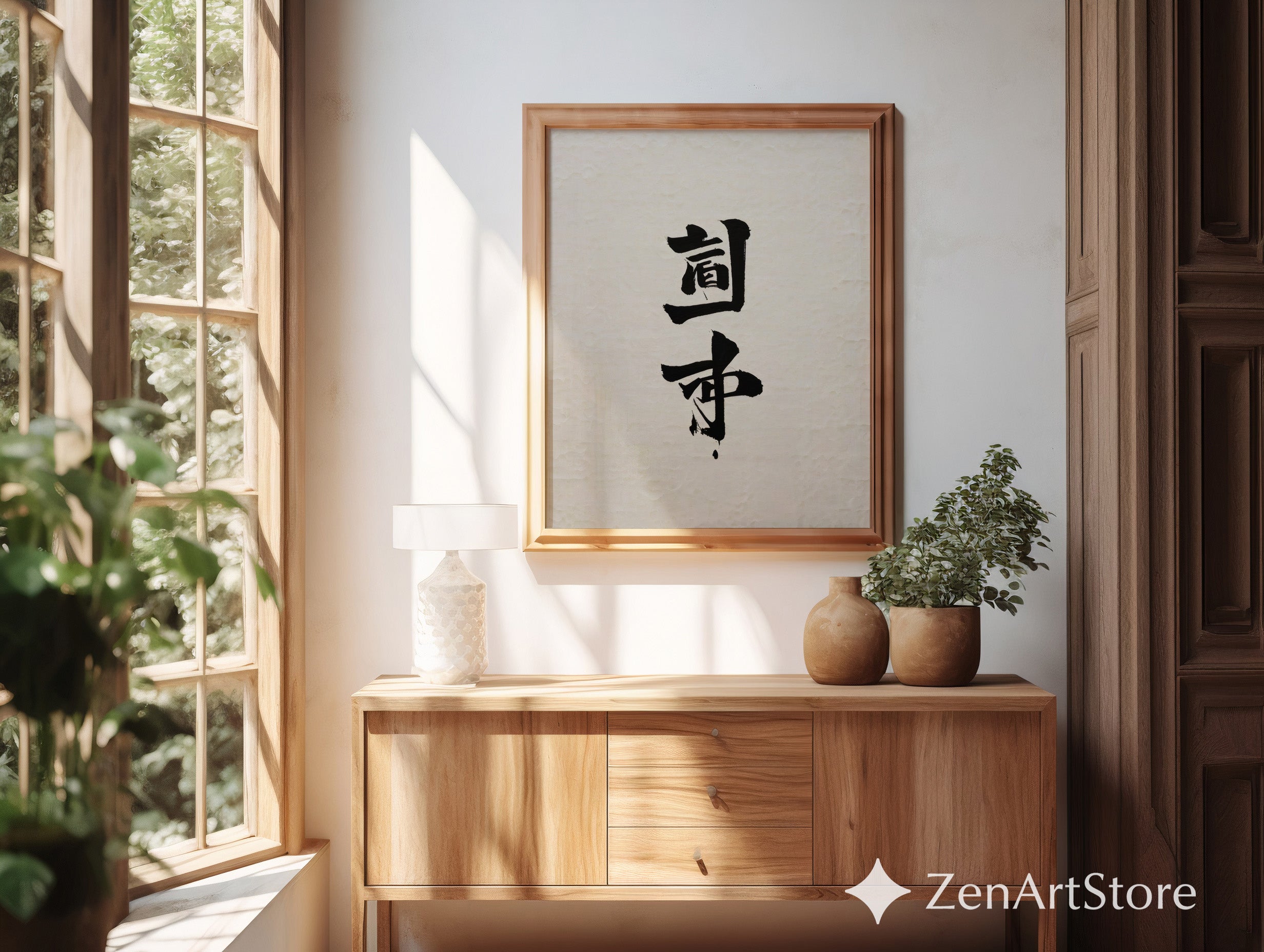 Minimal Japanese Calligraphy Wall Art Print | Zen Black Ink Kanji on Textured Beige Paper | Wabi-Sabi Japandi Neutral Home Decor