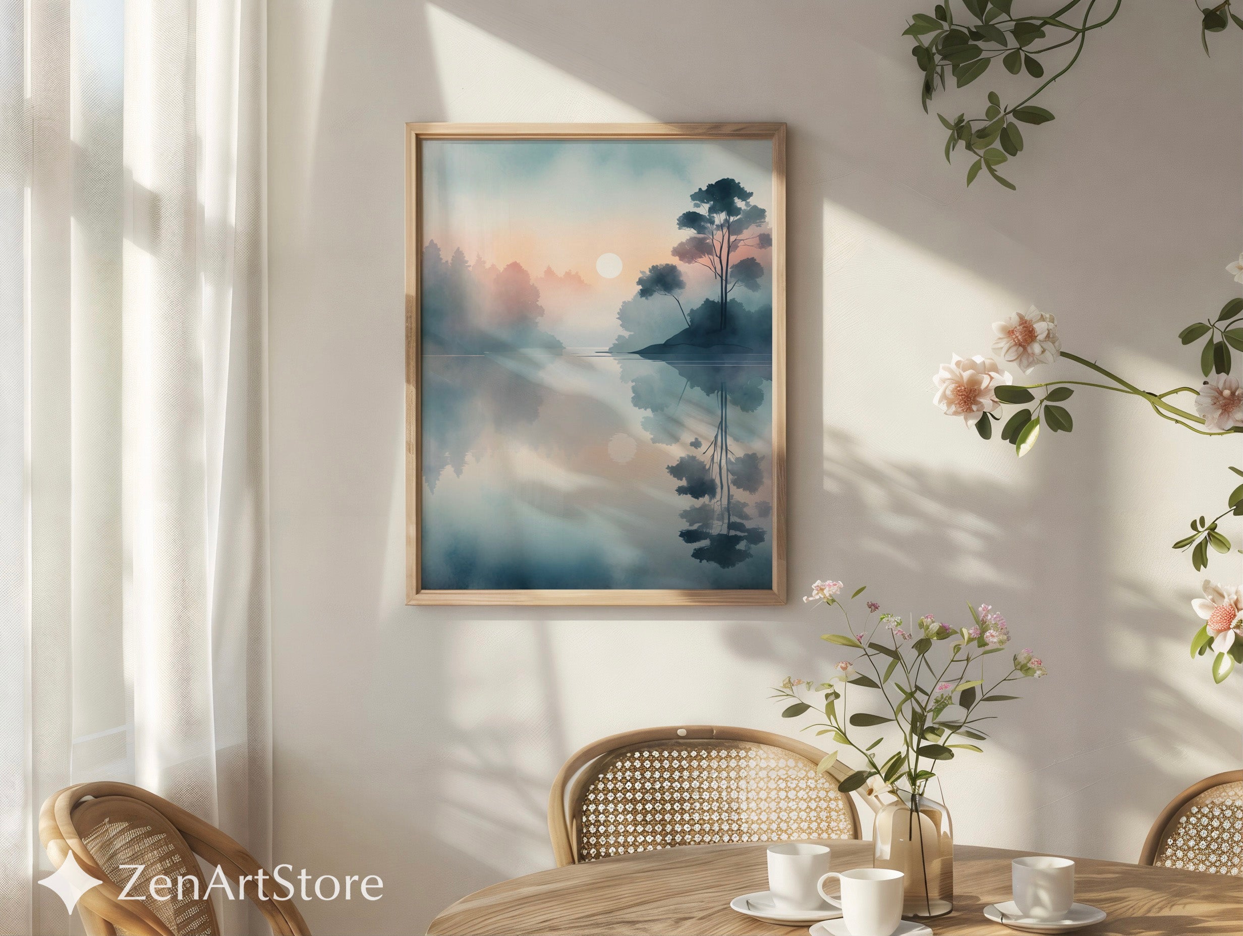 Misty Lake Sunrise Minimal Landscape Print - Calm Japandi Wall Art, Neutral Scandinavian Reflection