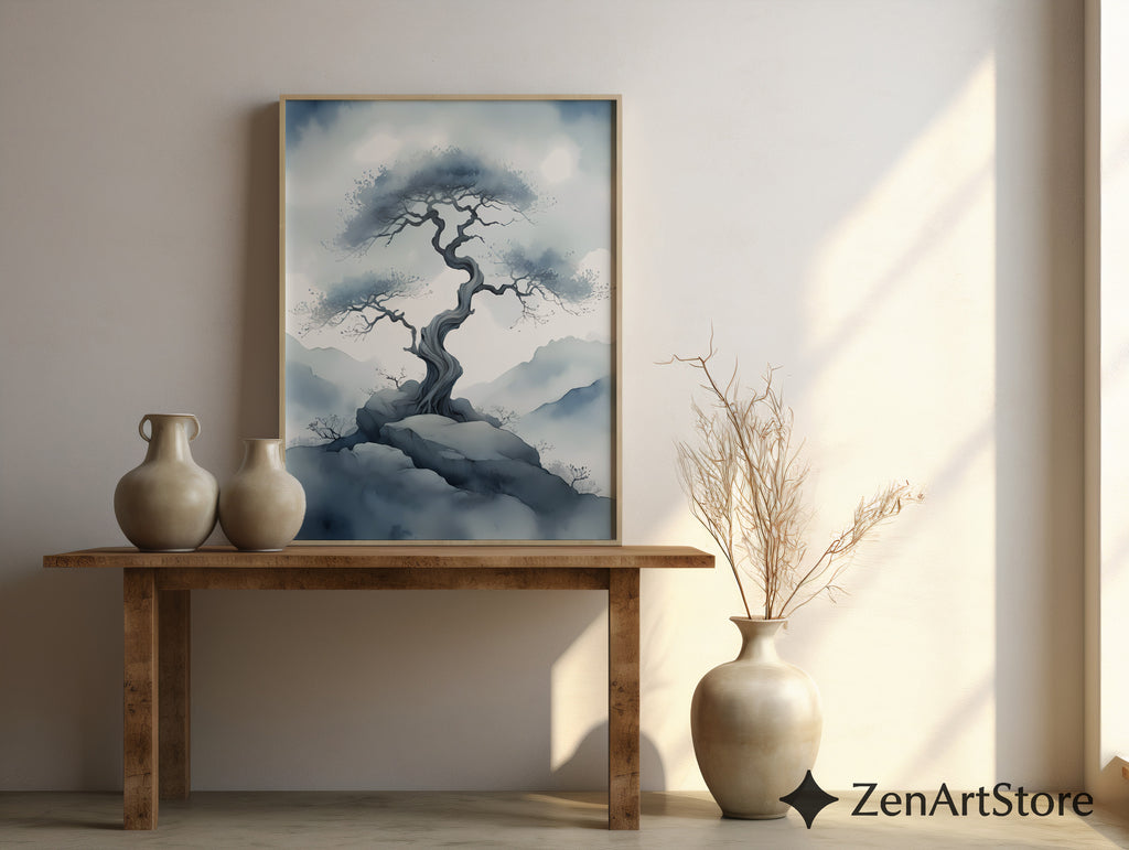 Misty Bonsai Tree Wall Art – Minimal Zen Landscape Print, Japandi Neutral Canvas or Printable for Living Room