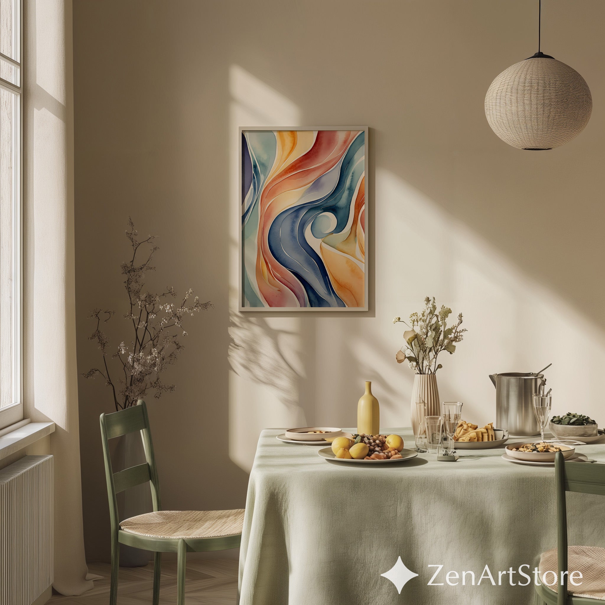 Fluid Watercolor Abstract Wall Art - Calming Organic Waves in Blue Coral Mustard - Modern Mid Century Boho Home Decor Print