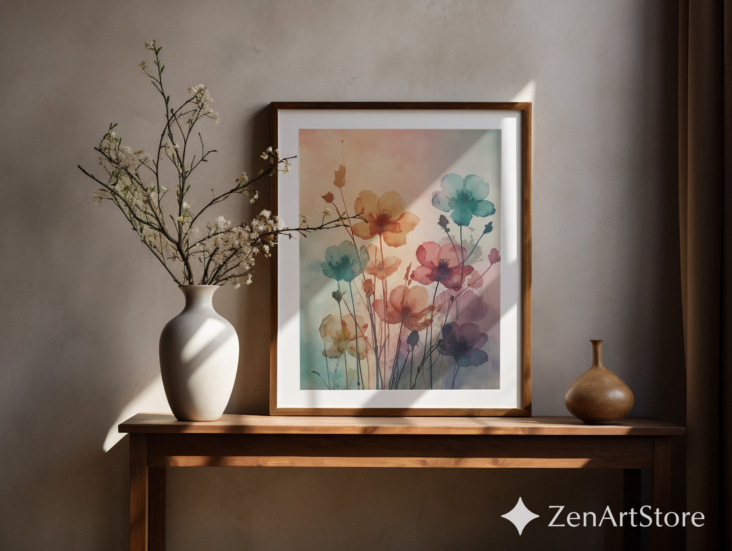Watercolor Floral Wall Art Print - Pastel Botanical Poster, Calm Boho Minimalist Decor for Living Room, Bedroom, Japandi Scandinavian