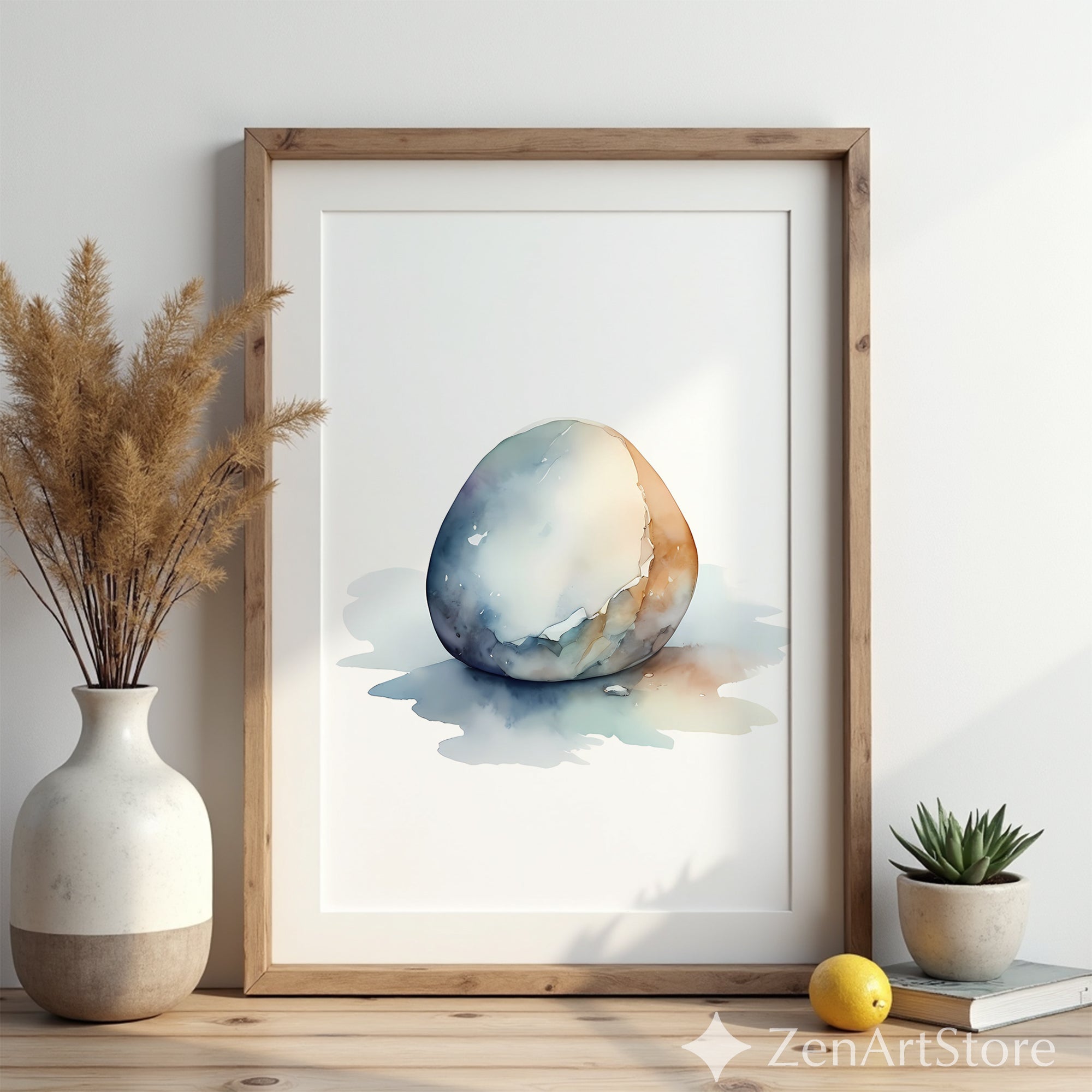 Minimalist Watercolor Stone Art – Neutral Abstract Egg-Shaped Print for Zen Wabi Sabi Japandi Scandinavian Home Decor