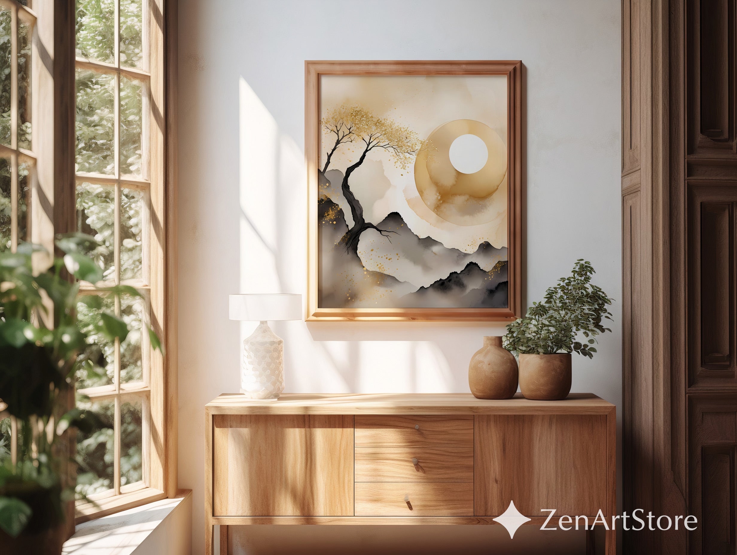 Golden Moon Zen Landscape - Minimal Japanese Abstract Printable Wall Art