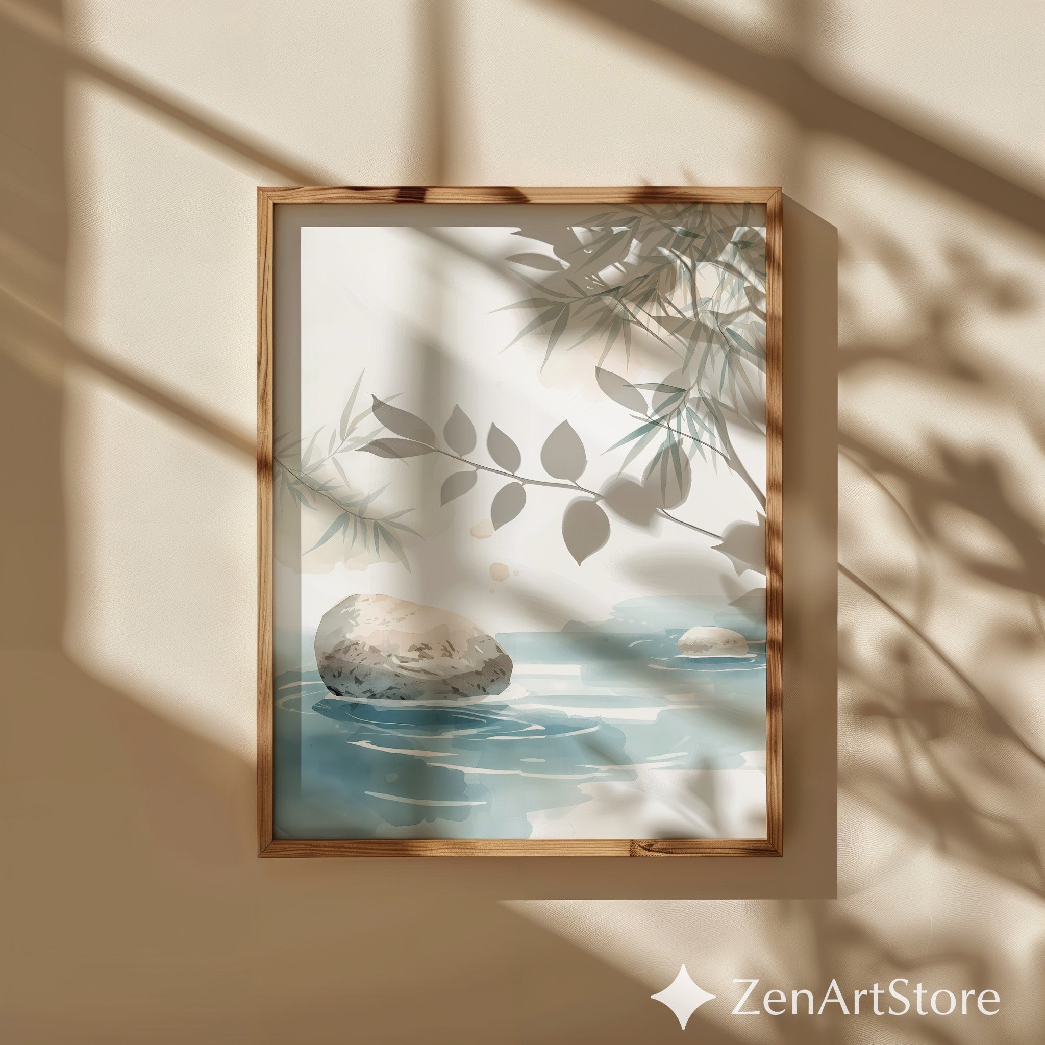 Zen Watercolor Rock and Bamboo Print - Minimal Japandi Wall Art, Neutral Calm Landscape for Living Room, Spa or Bedroom Decor