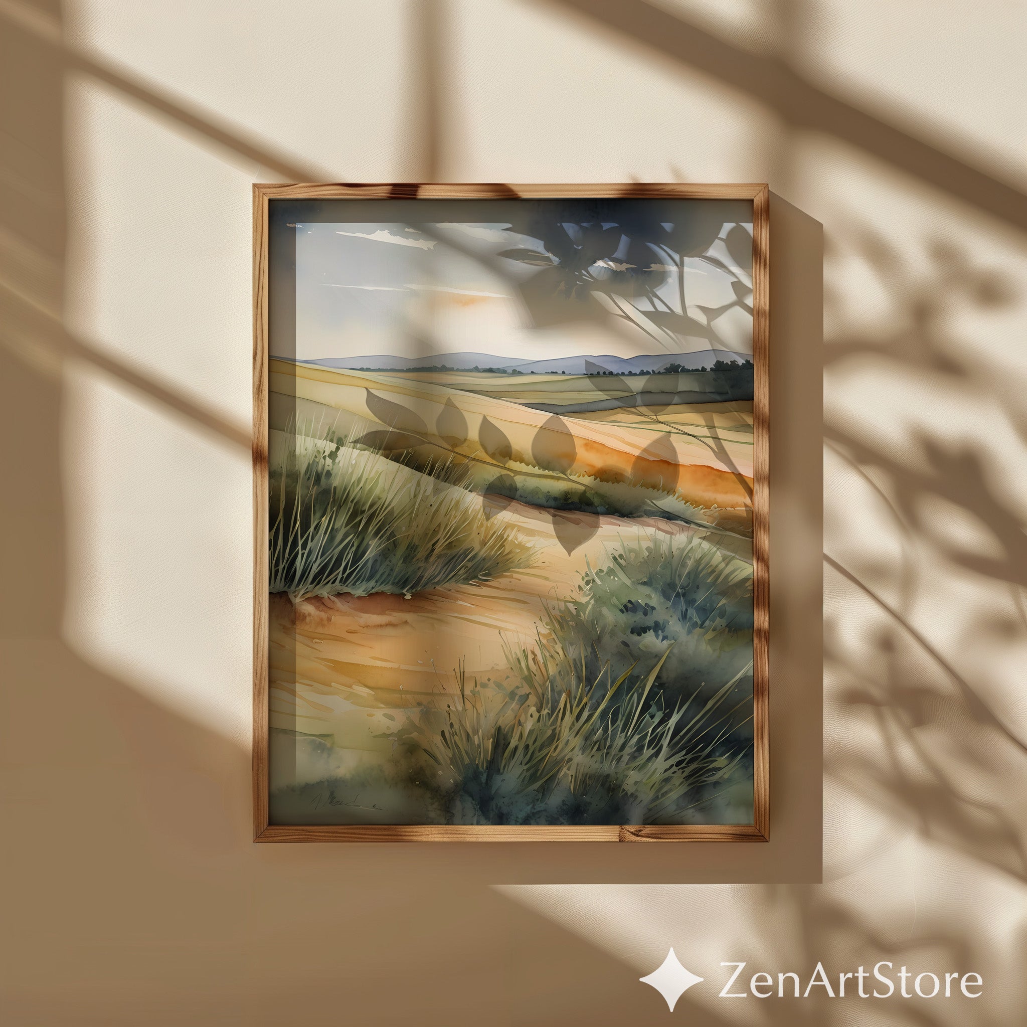 Coastal Dune Watercolor Print - Neutral Landscape Wall Art, Sand Dunes & Sea Grass, Japandi Wabi-Sabi Minimal Home Decor