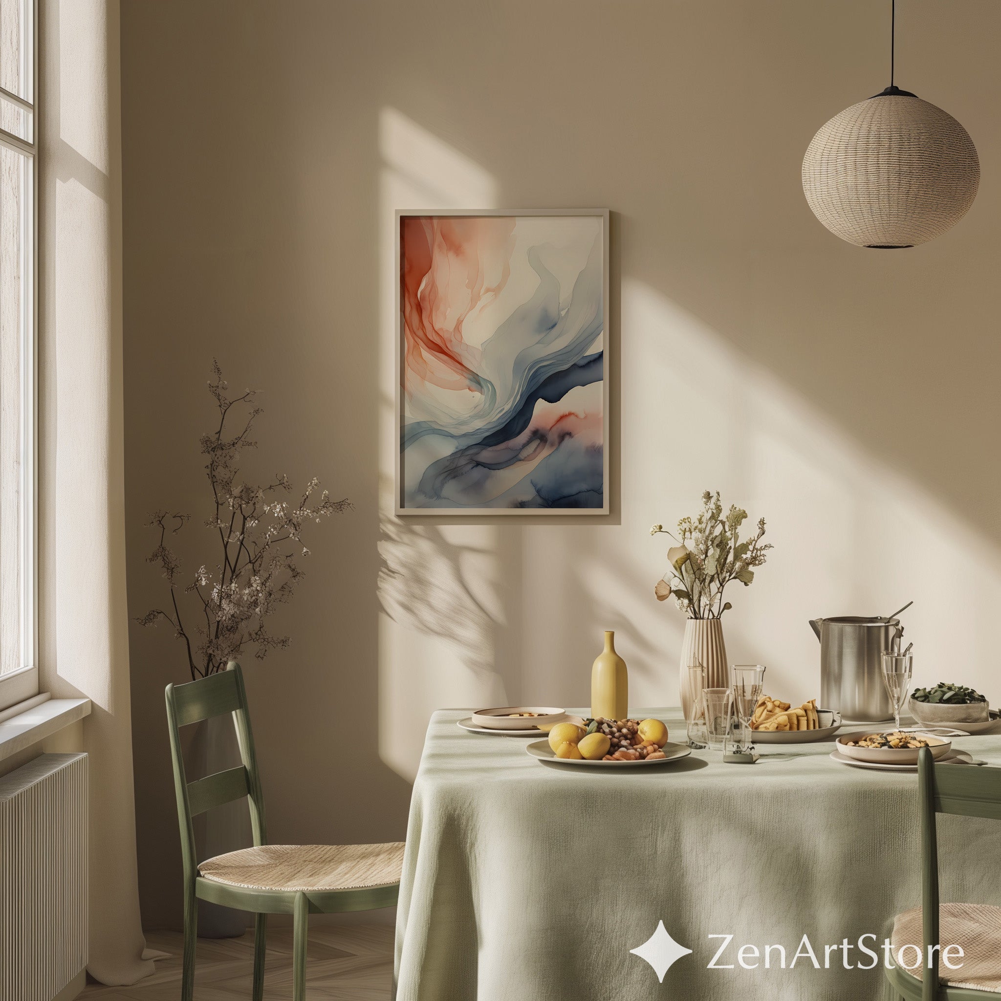 Abstract Fluid Art Print Terracotta and Blue - Minimal Japandi Wall Art, Neutral Modern Home Decor