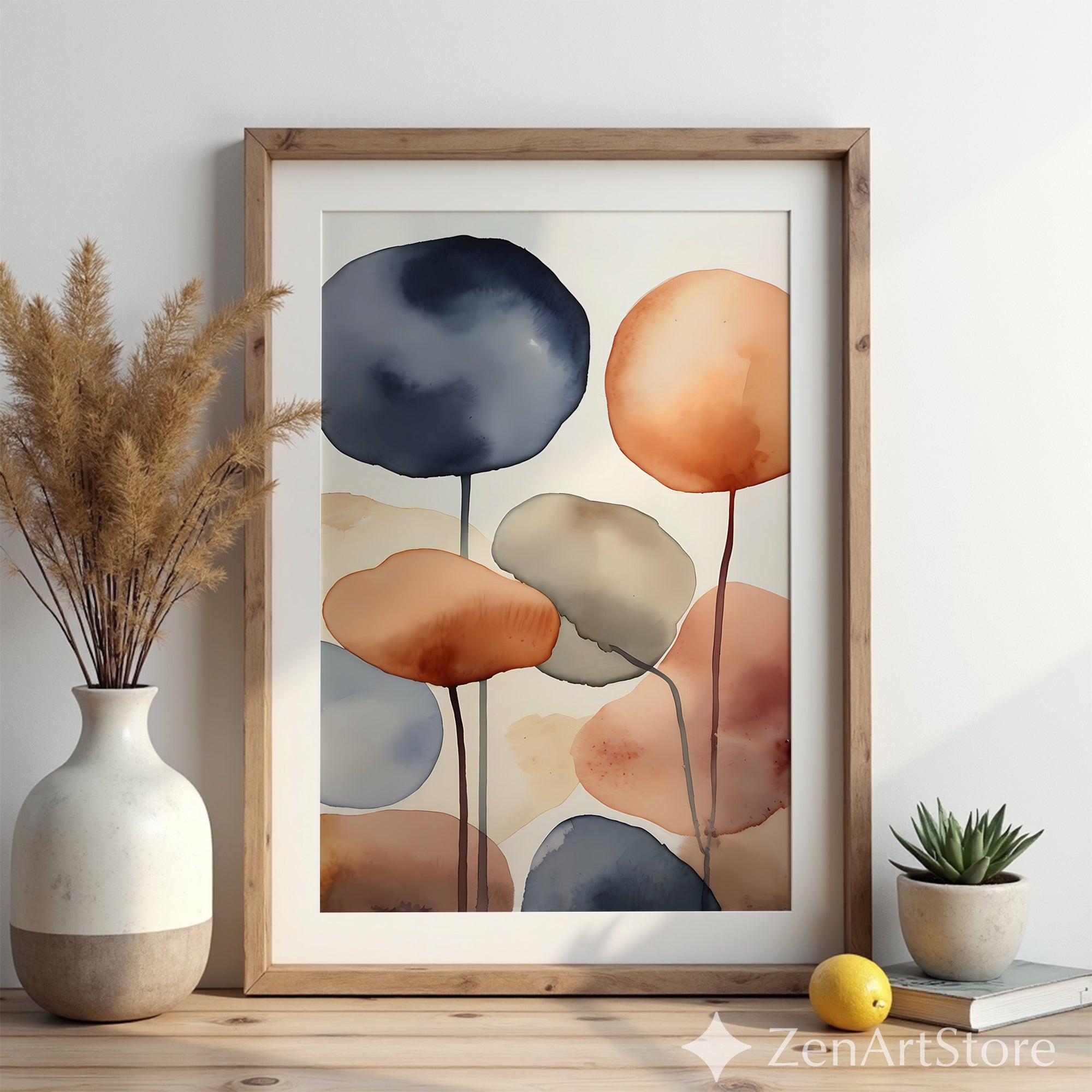 Abstract Watercolor Wall Art Neutral Terracotta & Blue - Minimal Japandi Scandi Zen Print for Living Room Bedroom