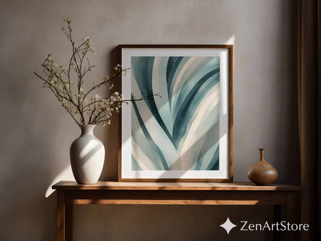 Teal Abstract Botanical Wall Art - Minimal Japandi Blue Green Print for Calm Modern Home Decor