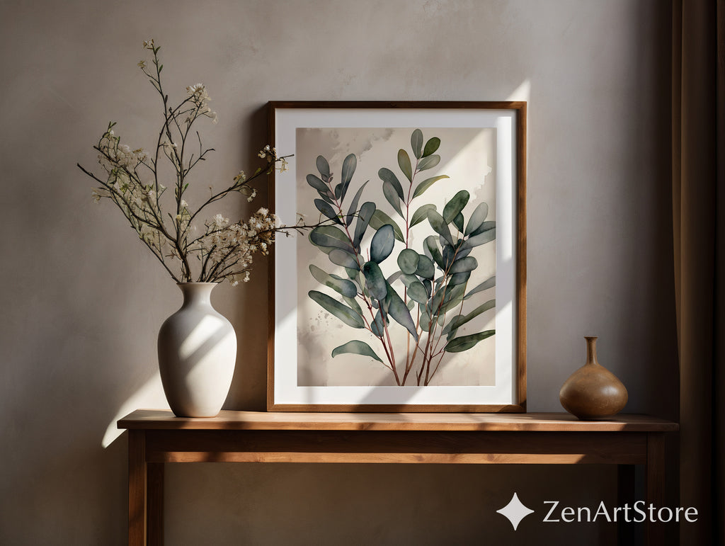 Minimal Eucalyptus Botanical Wall Art - Neutral Japandi Watercolor Print for Living Room Bedroom - Calm Scandinavian Plant Poster