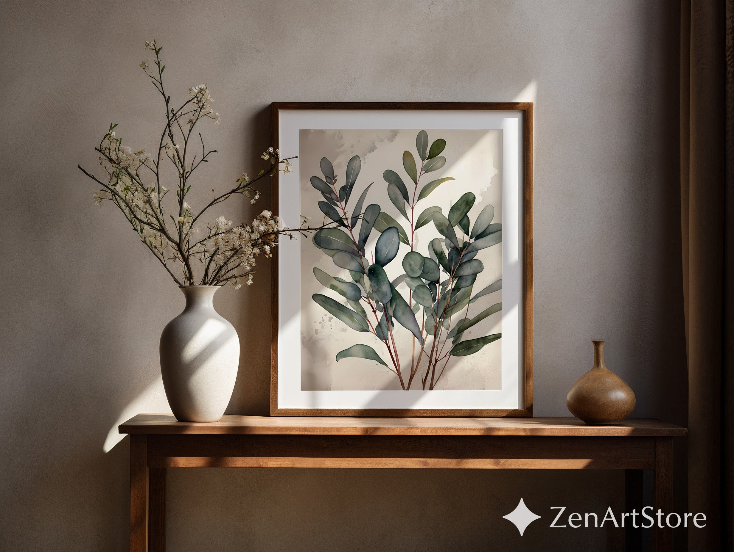Minimal Eucalyptus Botanical Wall Art - Neutral Japandi Watercolor Print for Living Room Bedroom - Calm Scandinavian Plant Poster
