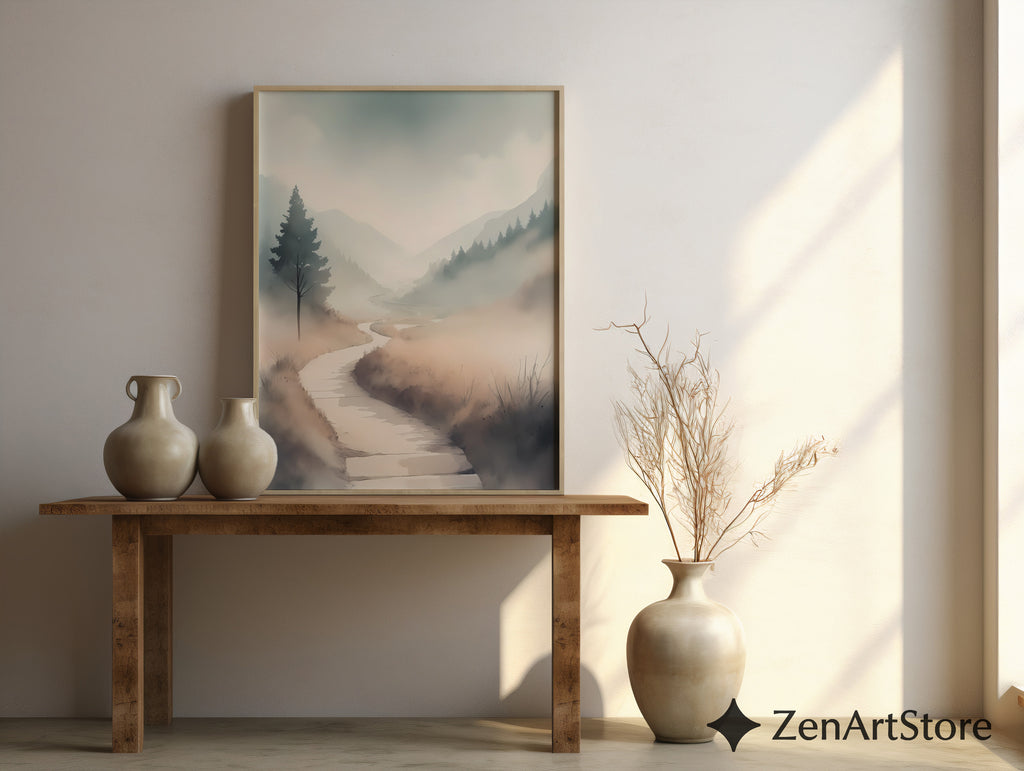 Misty Valley Path Print — Neutral Minimal Landscape Art for Japandi, Wabi Sabi Home Decor