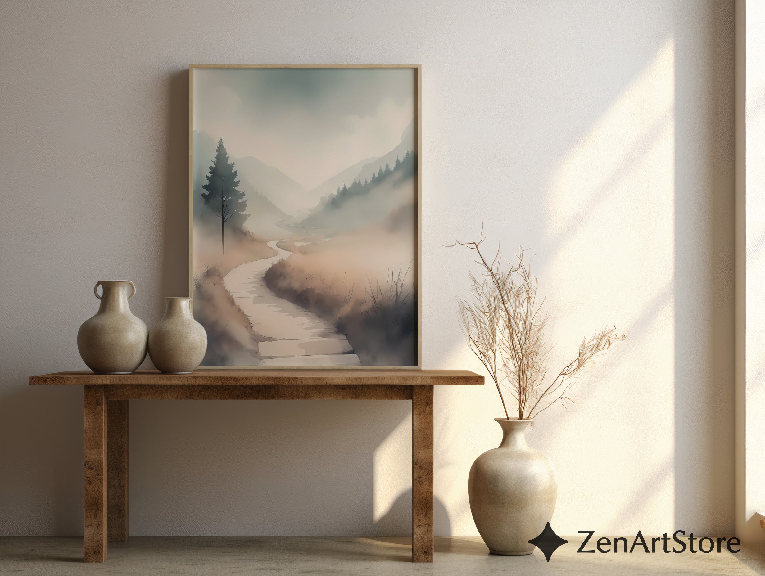 Misty Valley Path Print — Neutral Minimal Landscape Art for Japandi, Wabi Sabi Home Decor