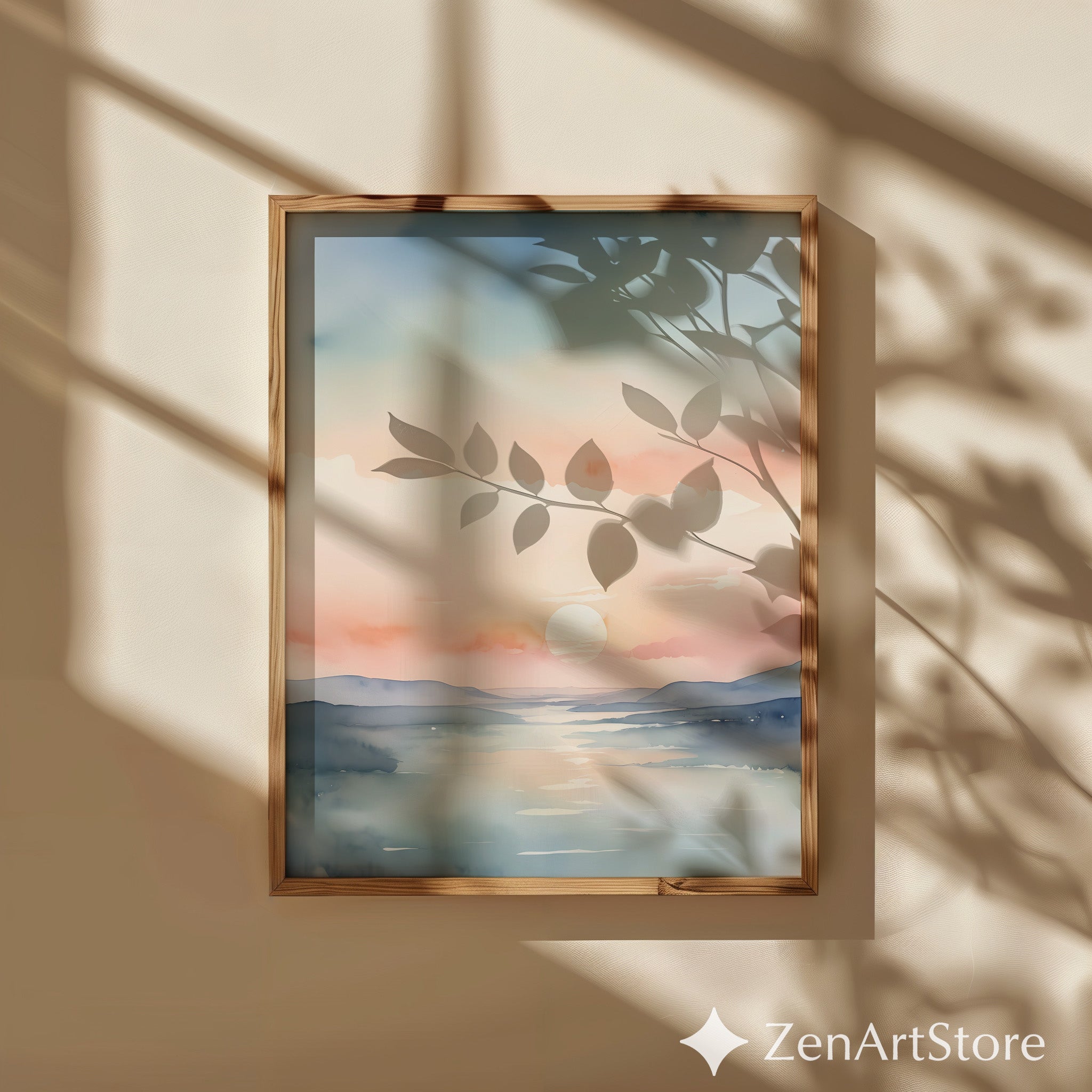 Pastel Watercolor Sunset Landscape Print - Calm Minimal Wall Art for Living Room, Bedroom, Nursery, Japandi Scandinavian Neutral Decor