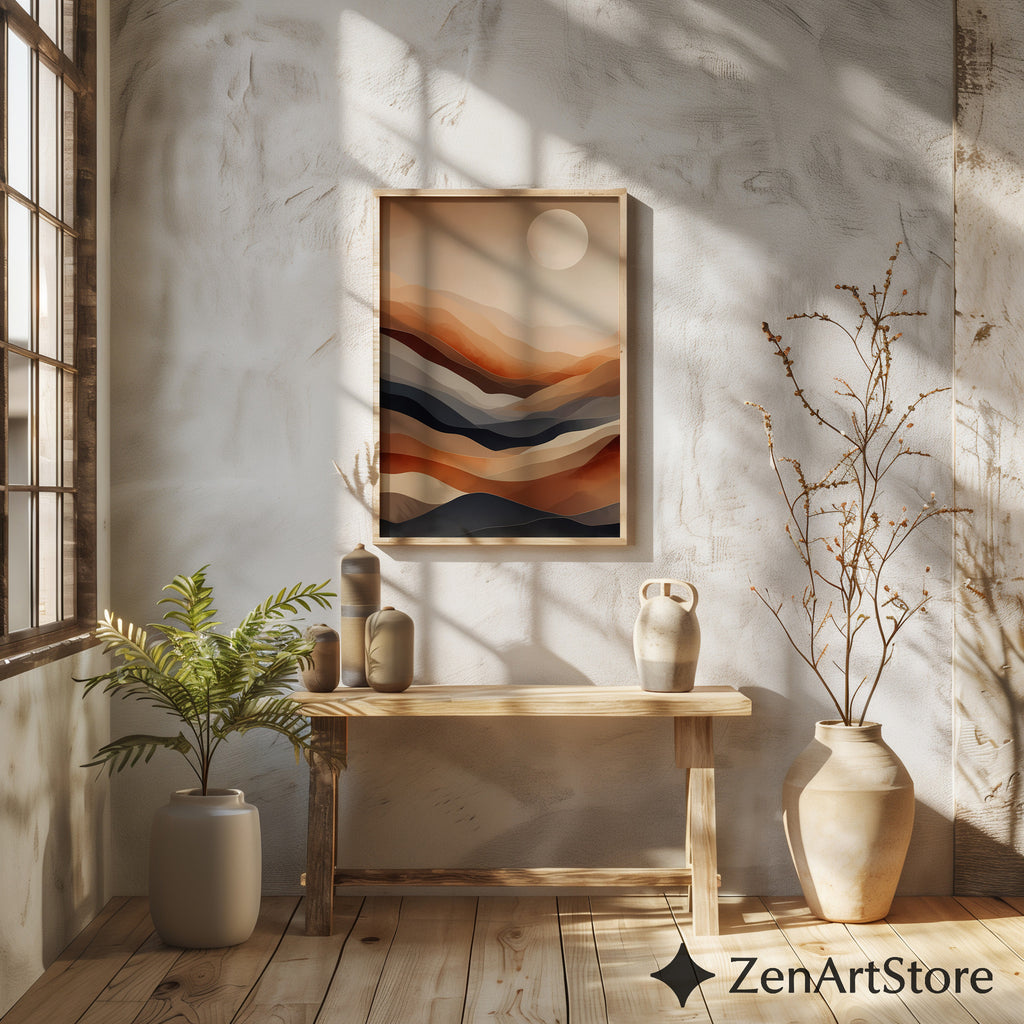 Warm Abstract Desert Landscape Wall Art - Minimal Terracotta & Neutral Layers, Modern Japandi Home Decor Print